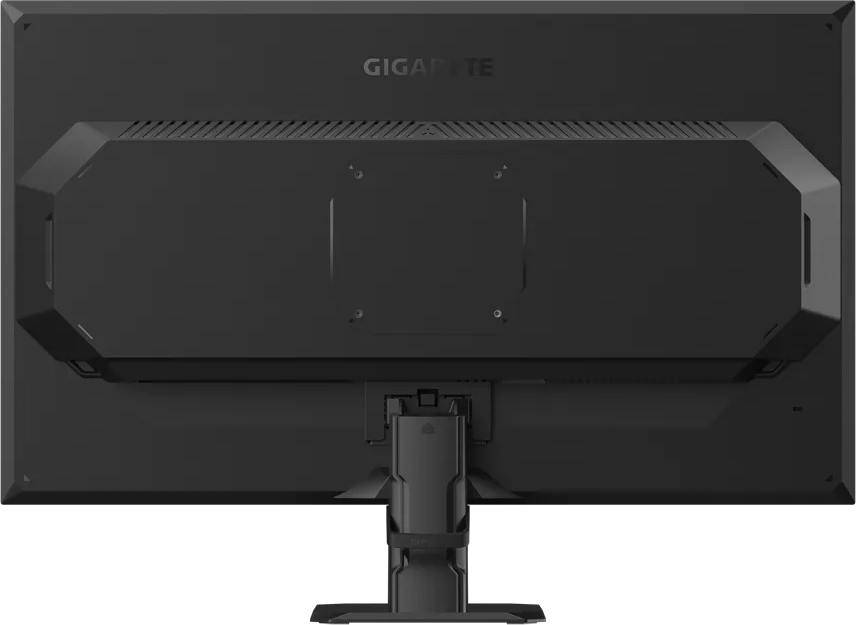 Die Rückseite eines schwarzen Computermonitors mit dem Gigabyte-Logo und einem Ständer.