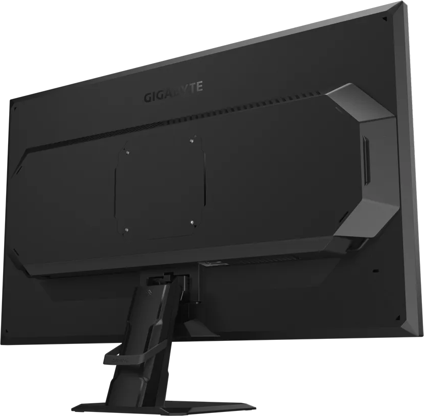 Rückseite des schwarzen Computermonitors. Gigabyte-Branding sichtbar. Ständer unten befestigt.