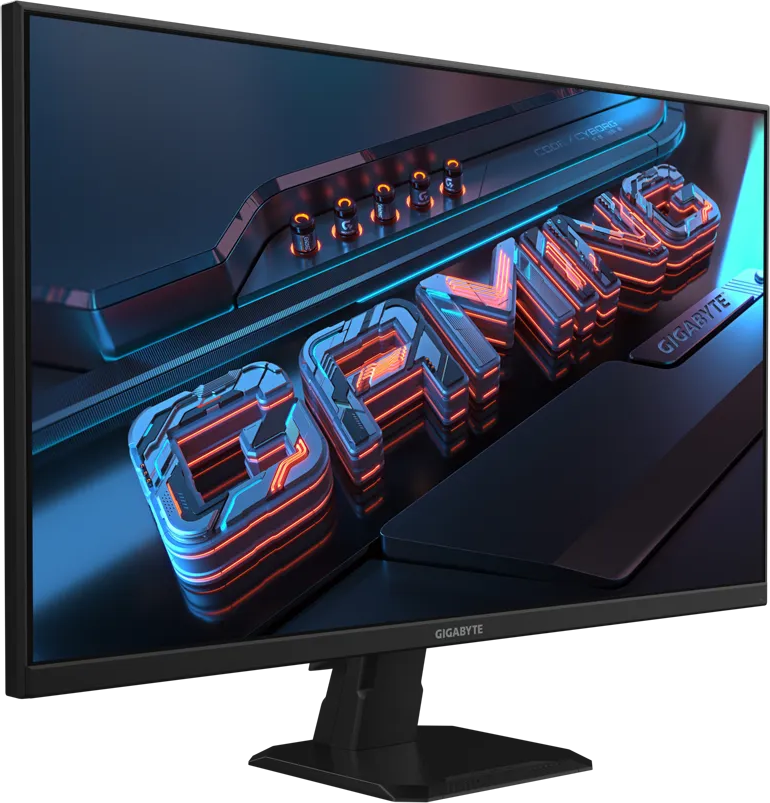 Ein Gaming-Monitor mit schwarzem Rahmen. Der Bildschirm zeigt eine lebendige, stilisierte Gaming-Szene.