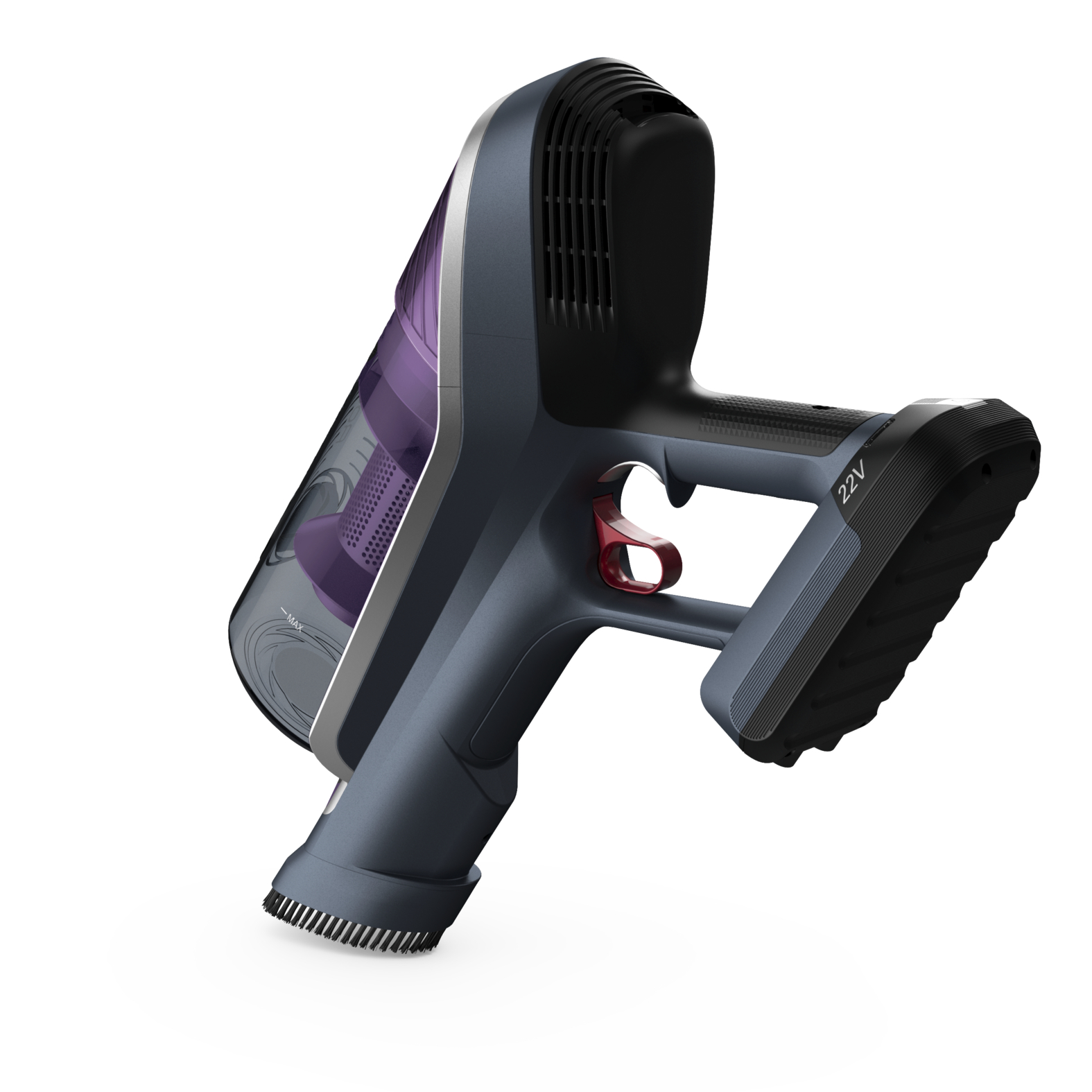 Cordless vacuum cleaner in a blue and black design, angled to the side.