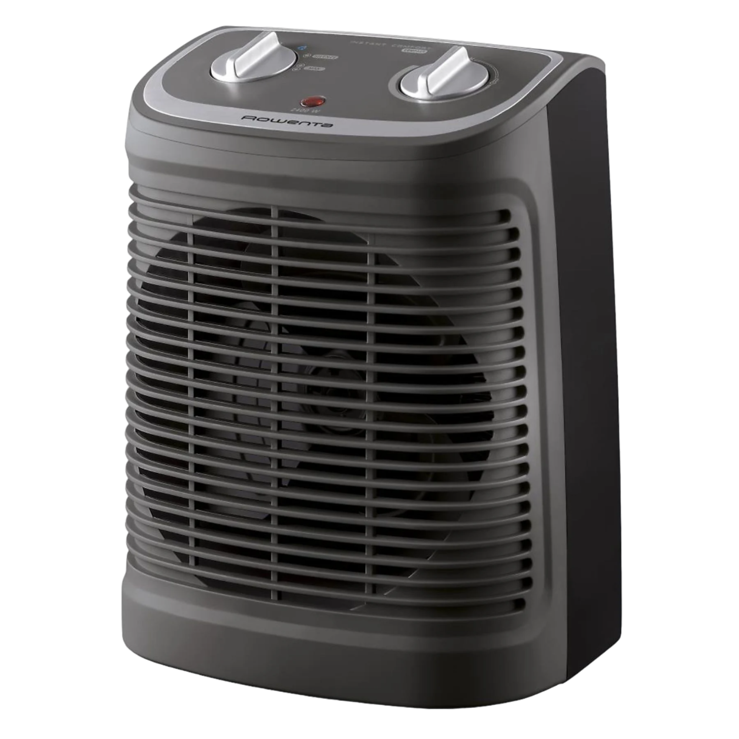 Grijze elektrische kachel met twee draaiknoppen en een ventilator. Donkergrijze en zwarte kleuren. Witte achtergrond.