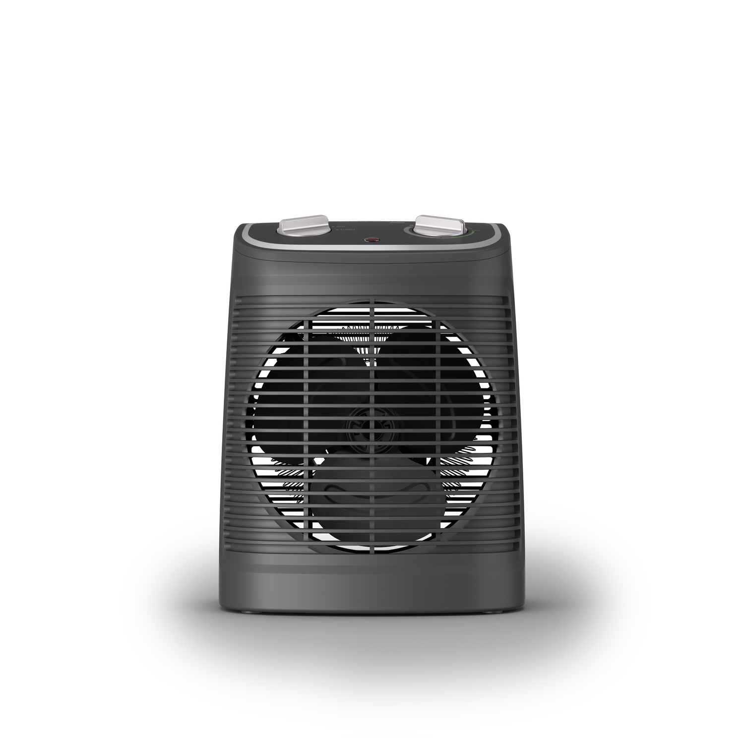 Black fan-heater with a grill. White background.