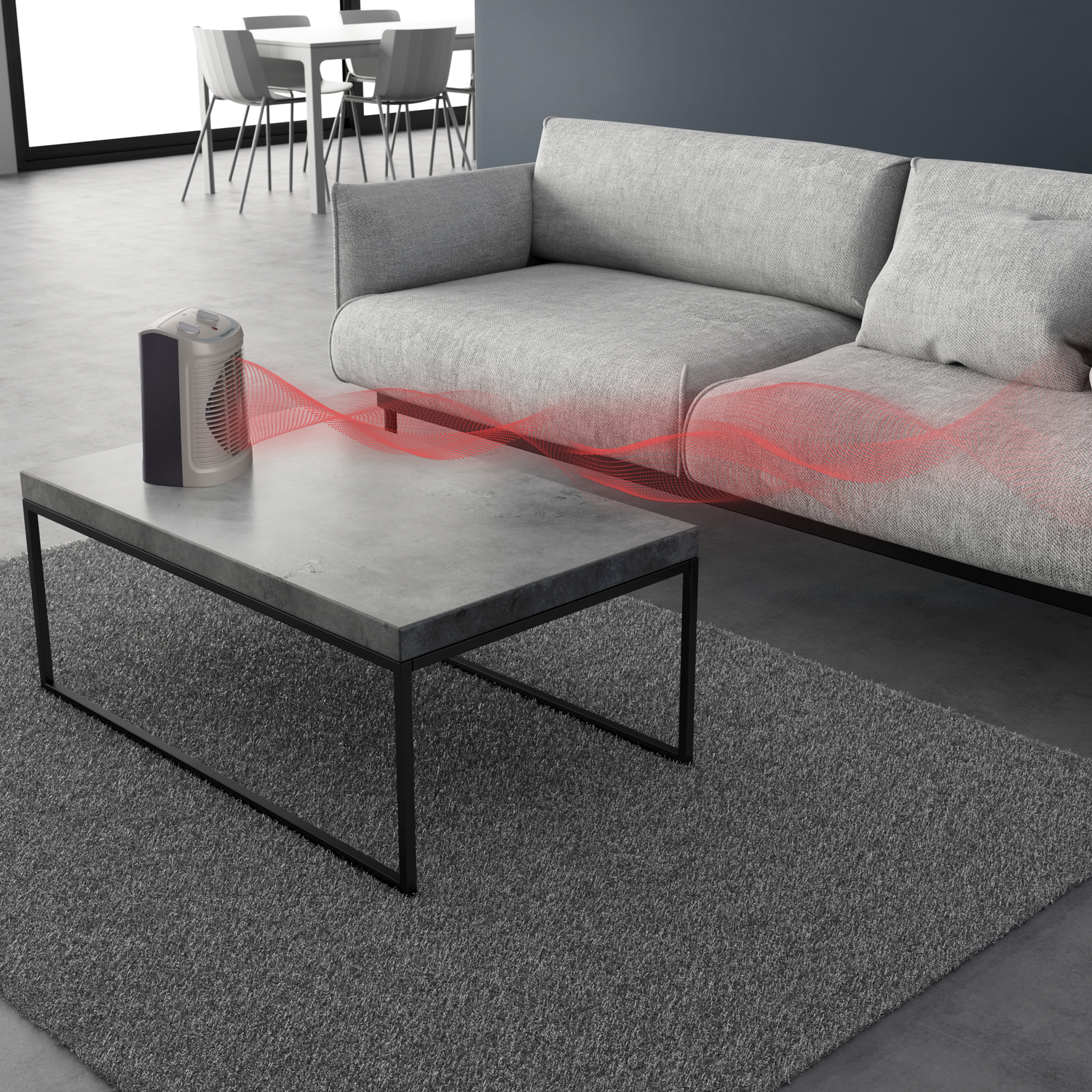 A room scene with a sofa and a heater on a table emitting red, wavy heat lines.