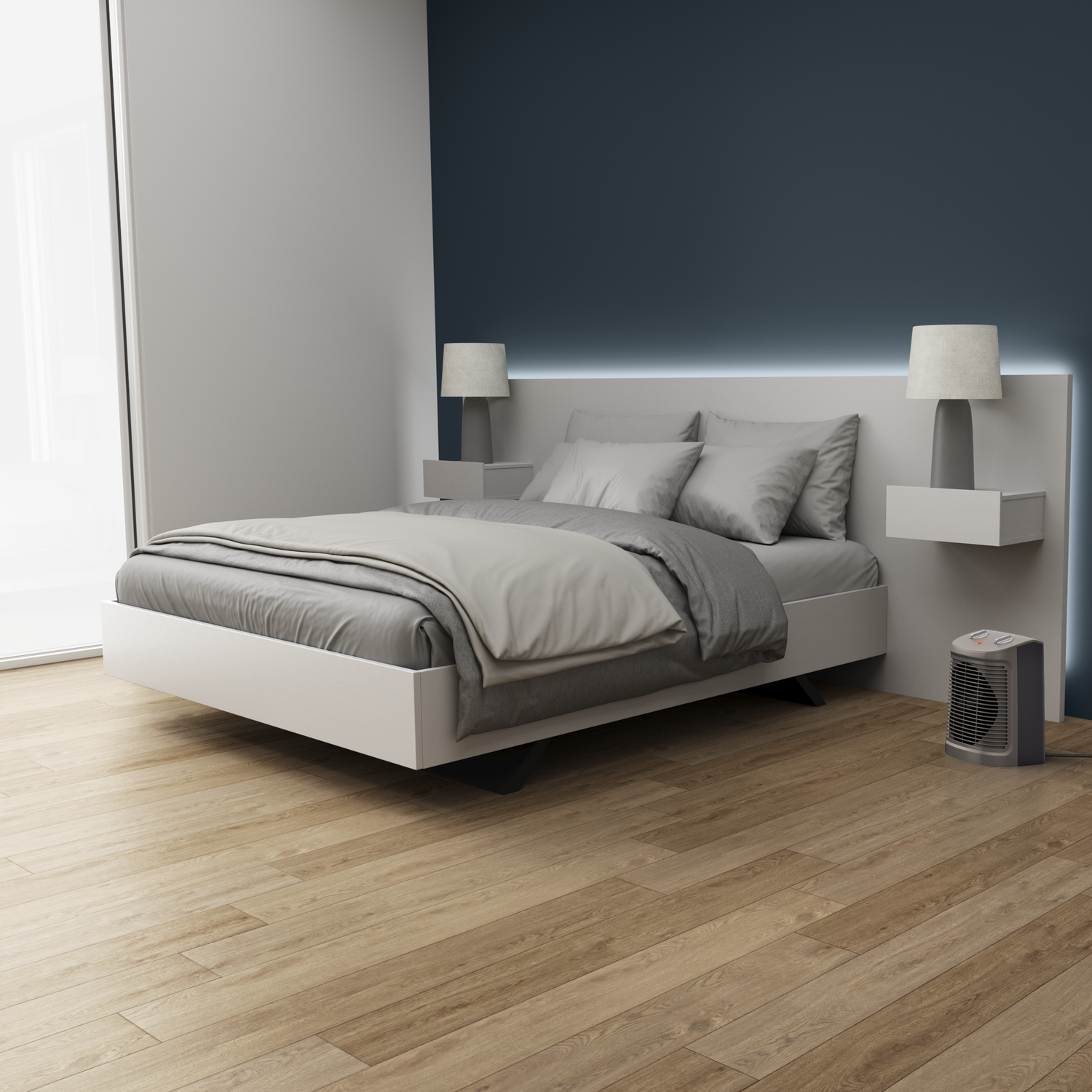 Bedroom interior with bed, lamps and heater. White, gray and blue color scheme.