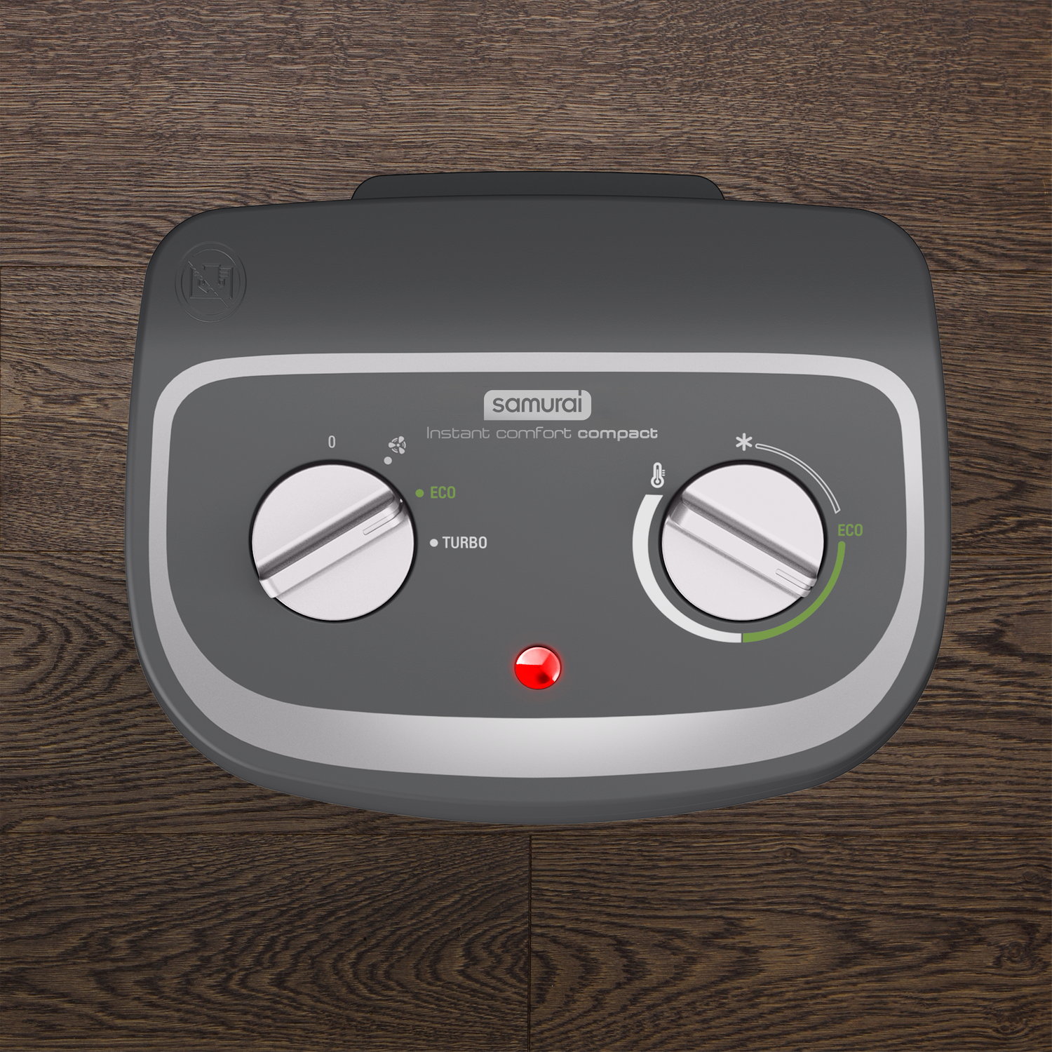 Gray control panel with two white dials and a red light. The background is wood.