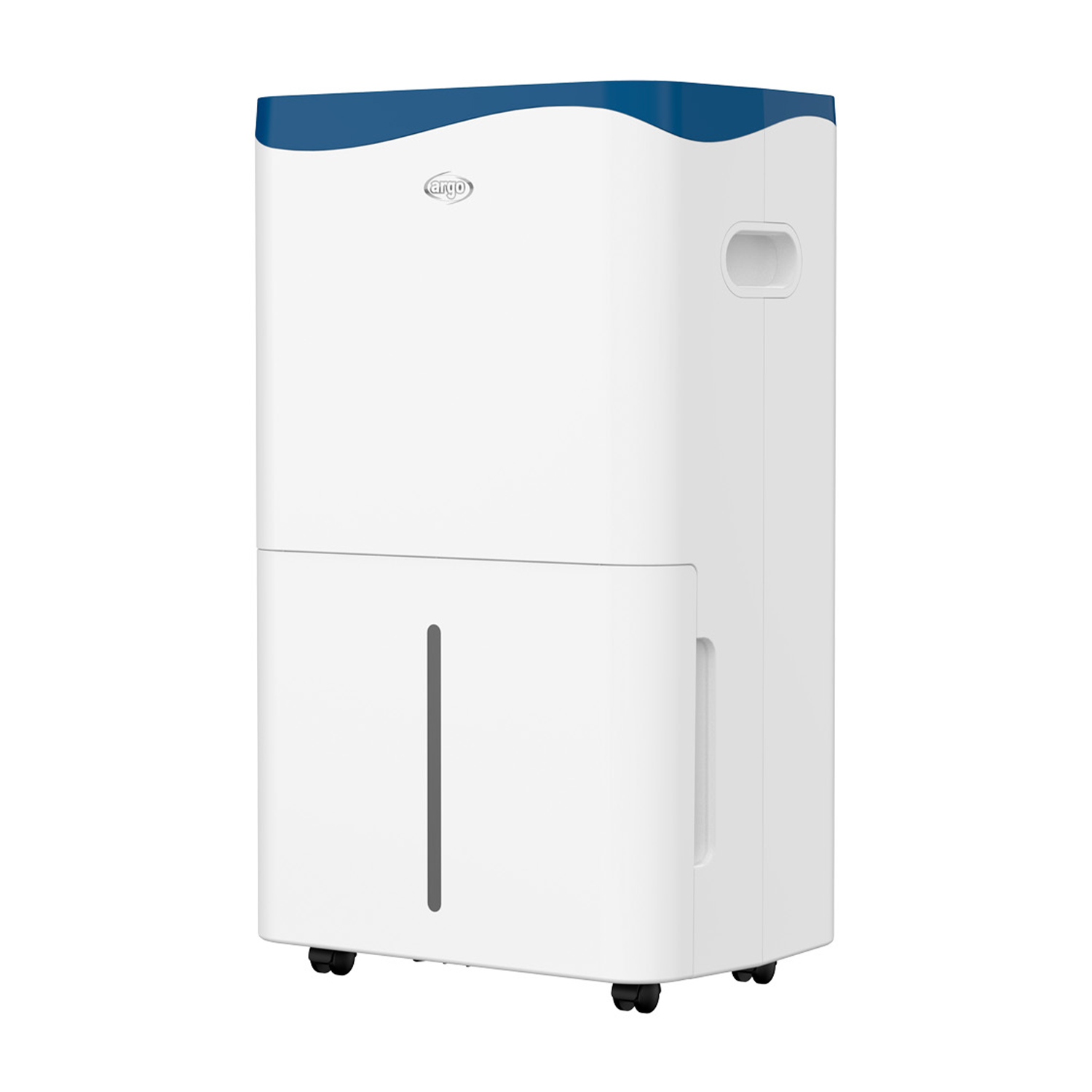 Deumidificatore bianco e blu, con ruote nere. Sfondo bianco.
