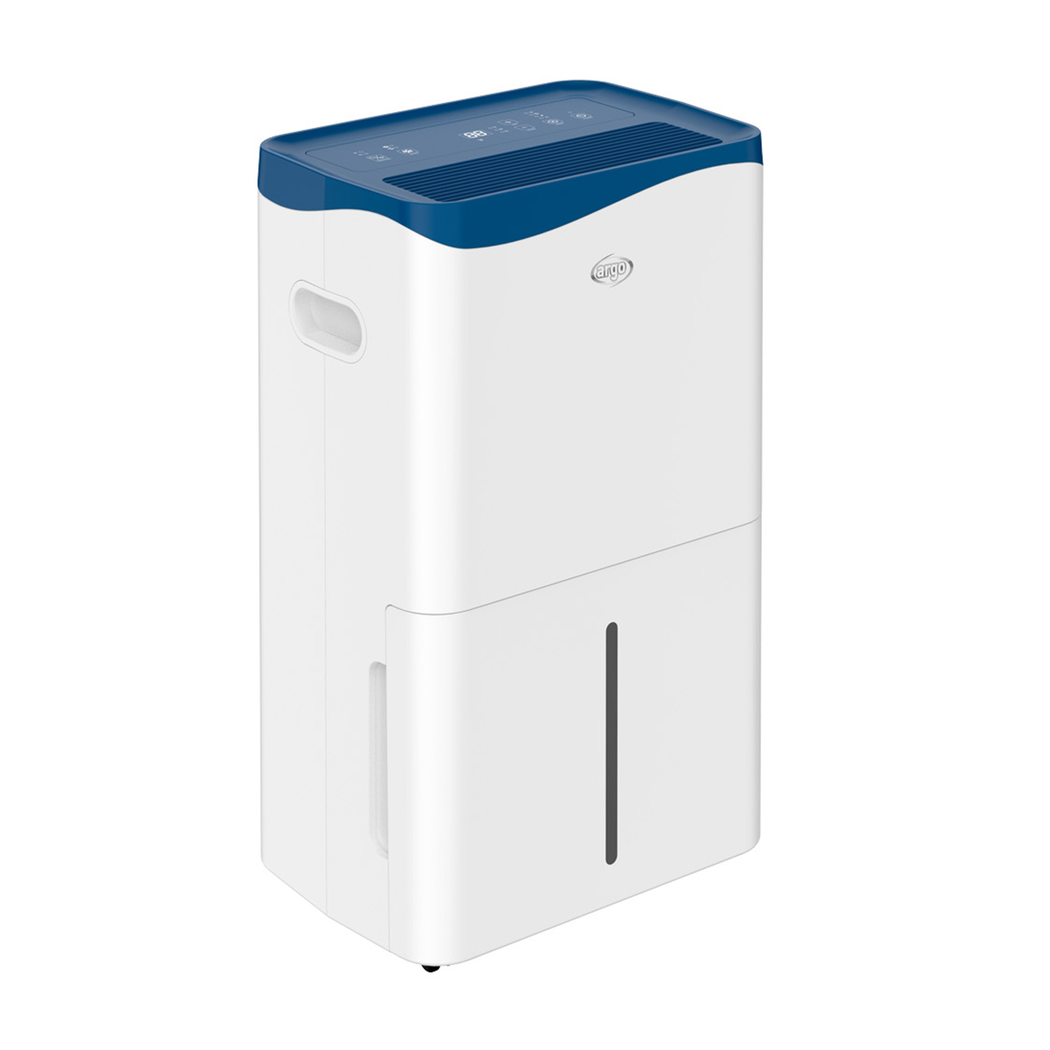 Deumidificatore bianco e blu con indicatore livello acqua frontale.
