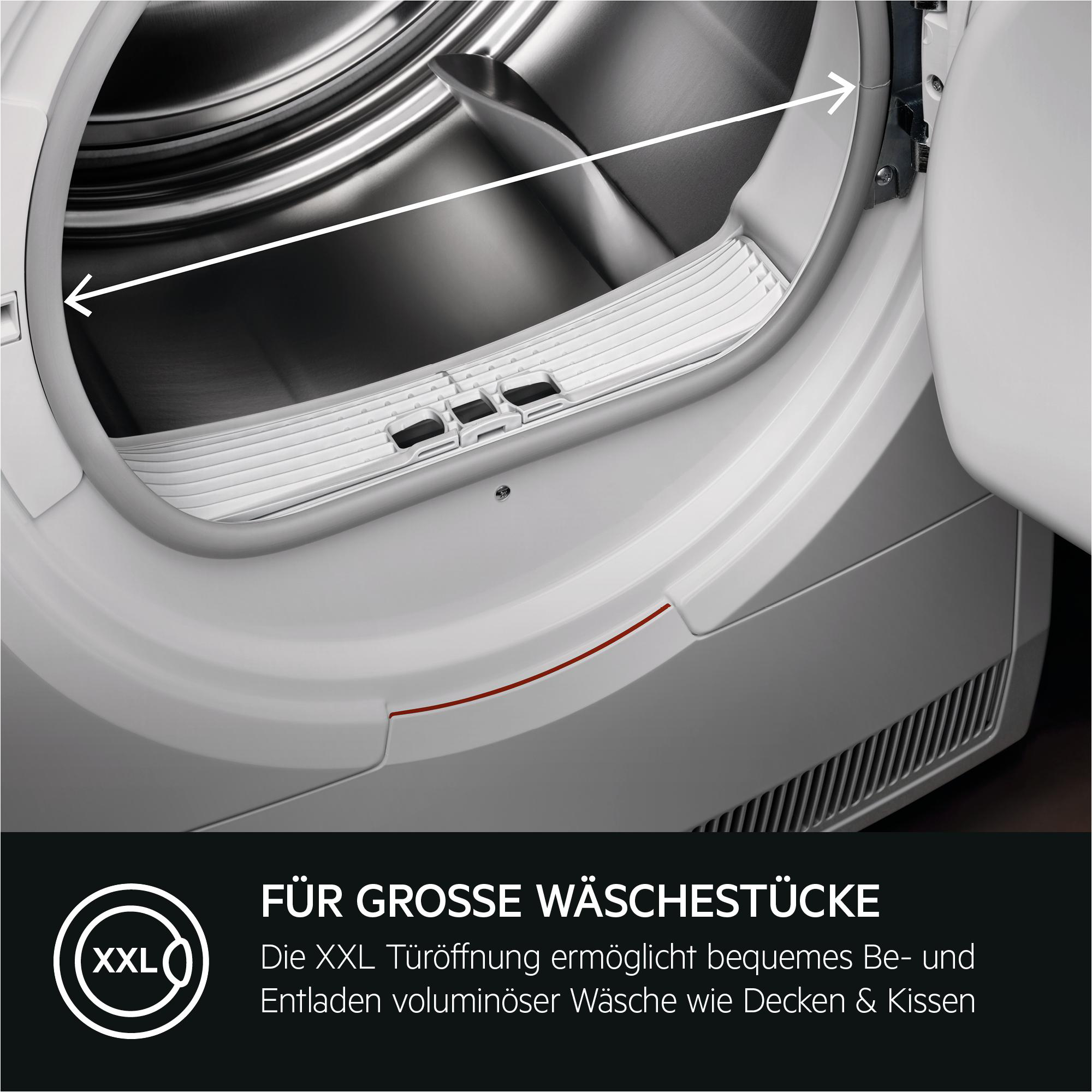 Offene weiße Trocknertrommel mit Pfeil, der die Breite zeigt.