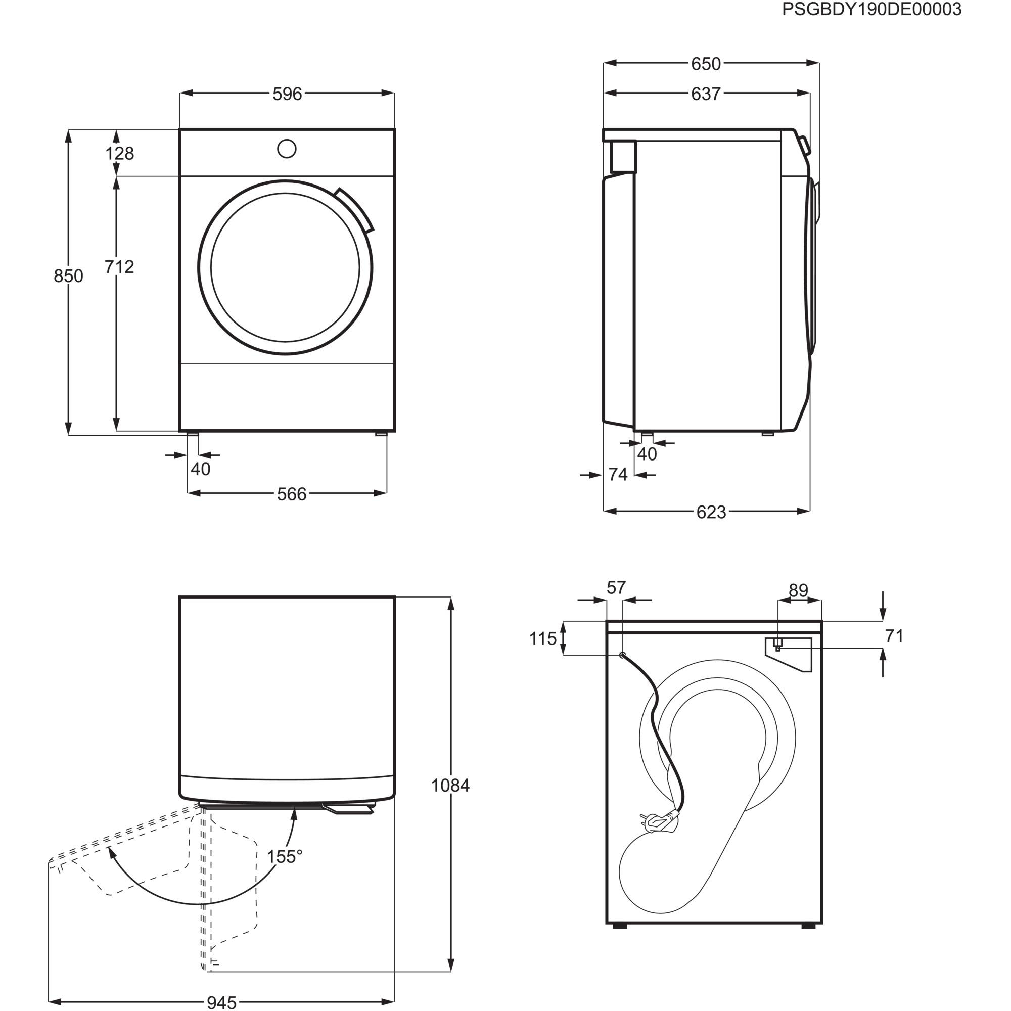 Diagramm einer Waschmaschine, das Abmessungen aus verschiedenen Winkeln vor weißem Hintergrund zeigt.