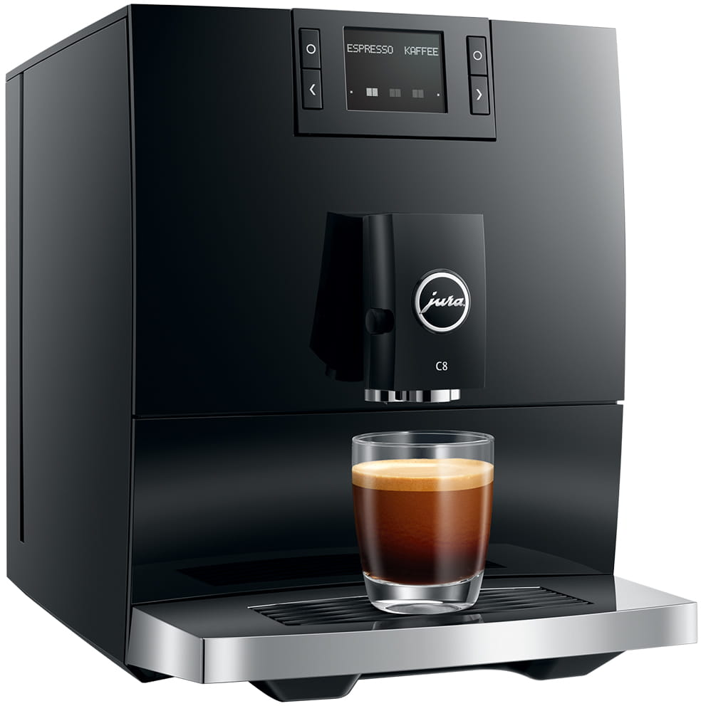 Macchina da caffè nera, un bicchiere con caffè, e espresso e kaffee sul display.