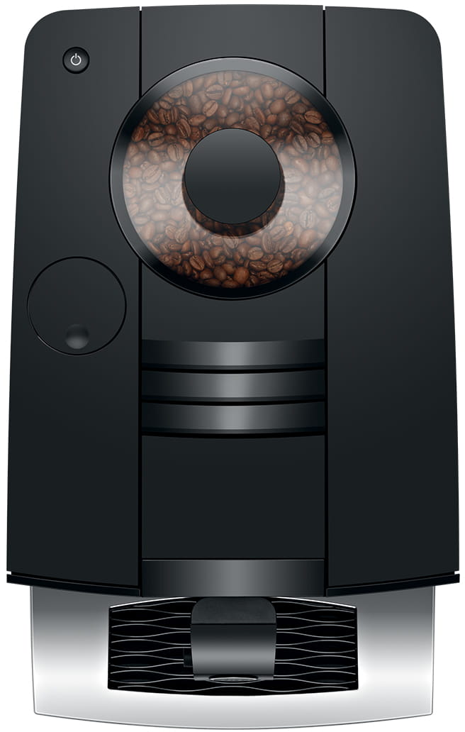 Macchina da caffè nera moderna con un contenitore per i chicchi.