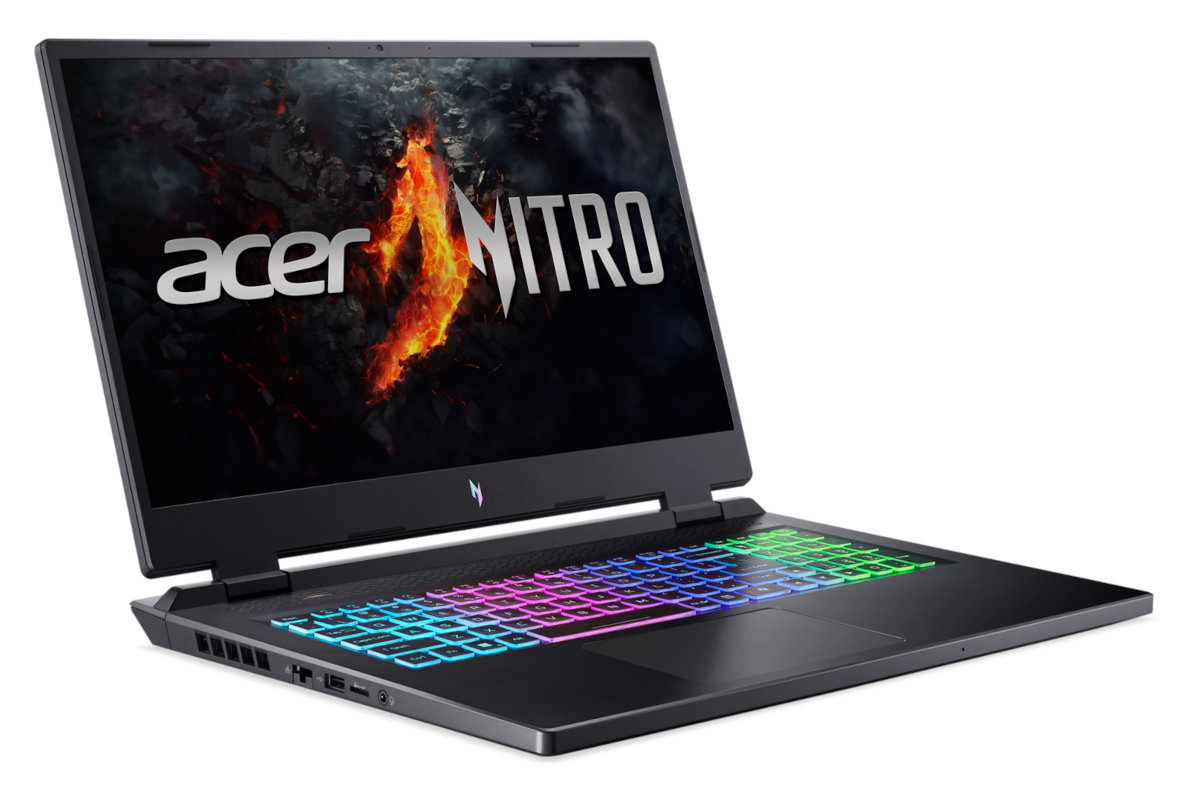 Czarny laptop Acer Nitro, otwarty, z podświetlaną, kolorową klawiaturą, logo Acer Nitro na ekranie.