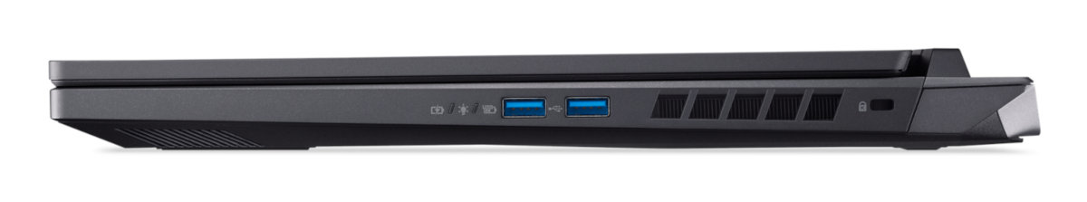 Widok z boku czarnego laptopa. Widoczne są porty, otwory wentylacyjne i symbol kłódki. Laptop jest na białej powierzchni.
