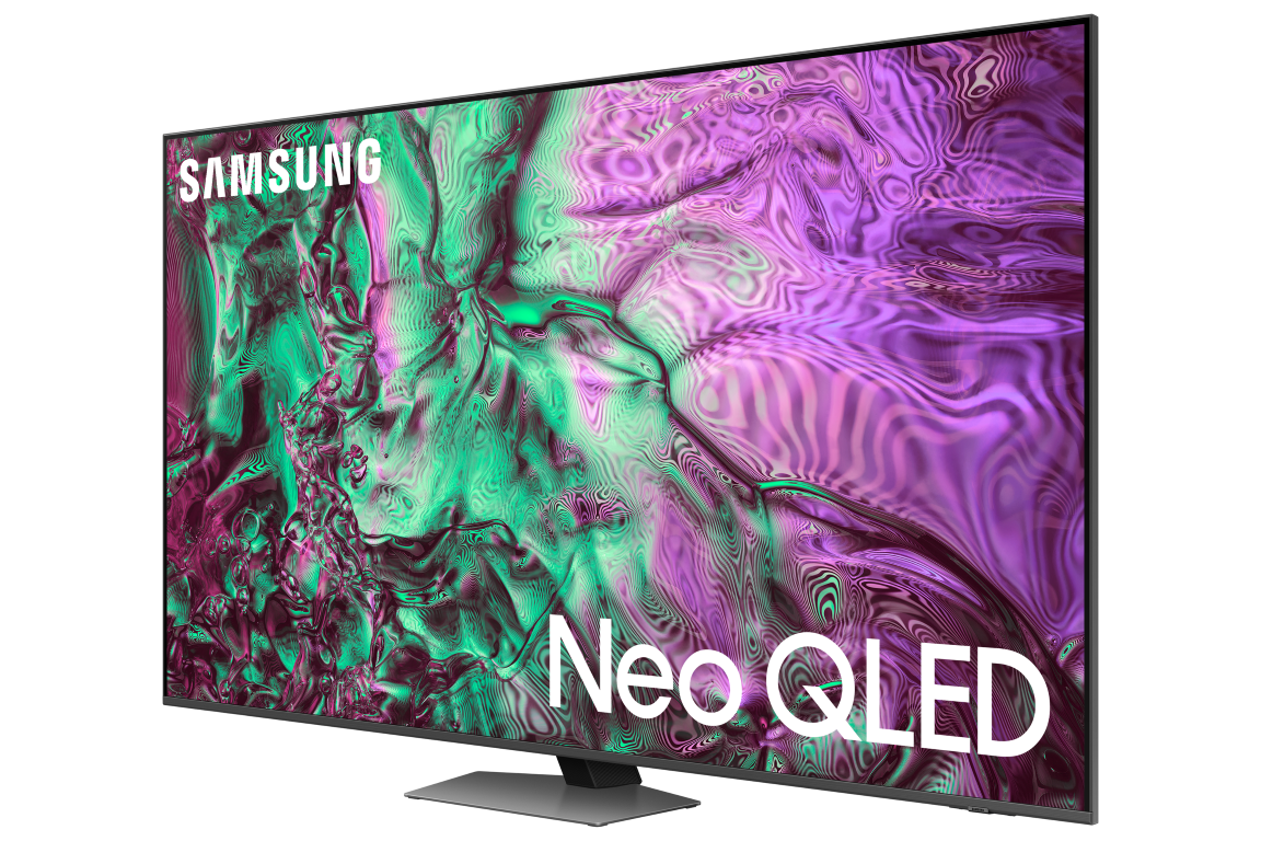 Samsung Neo QLED TV, mor ve yeşil tasarımlı kavisli ekran.