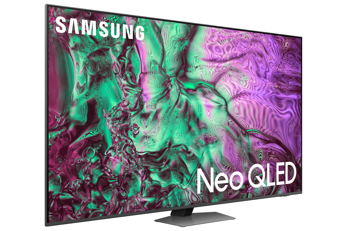 Siyah çerçeveli bir Samsung Neo QLED TV, yeşil ve mor soyut bir görüntü görüntülüyor.