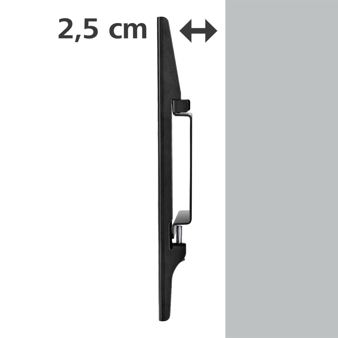 Egy fekete TV-tartó profilnézetben, 2,5 cm mélységméréssel és fali konzollal.