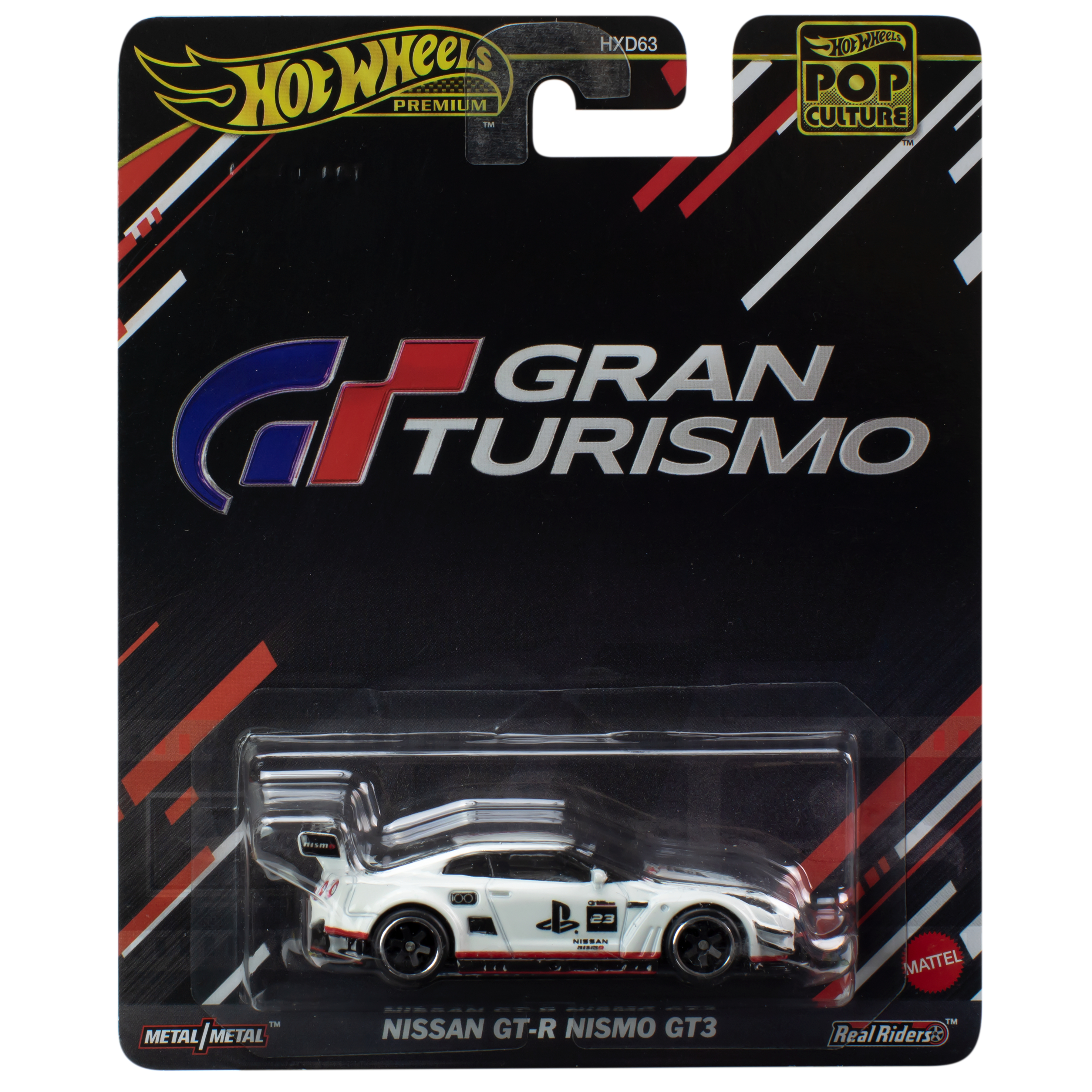 Weißes Hot Wheels-Auto in Verpackung mit Nissan GT-R-Logo.