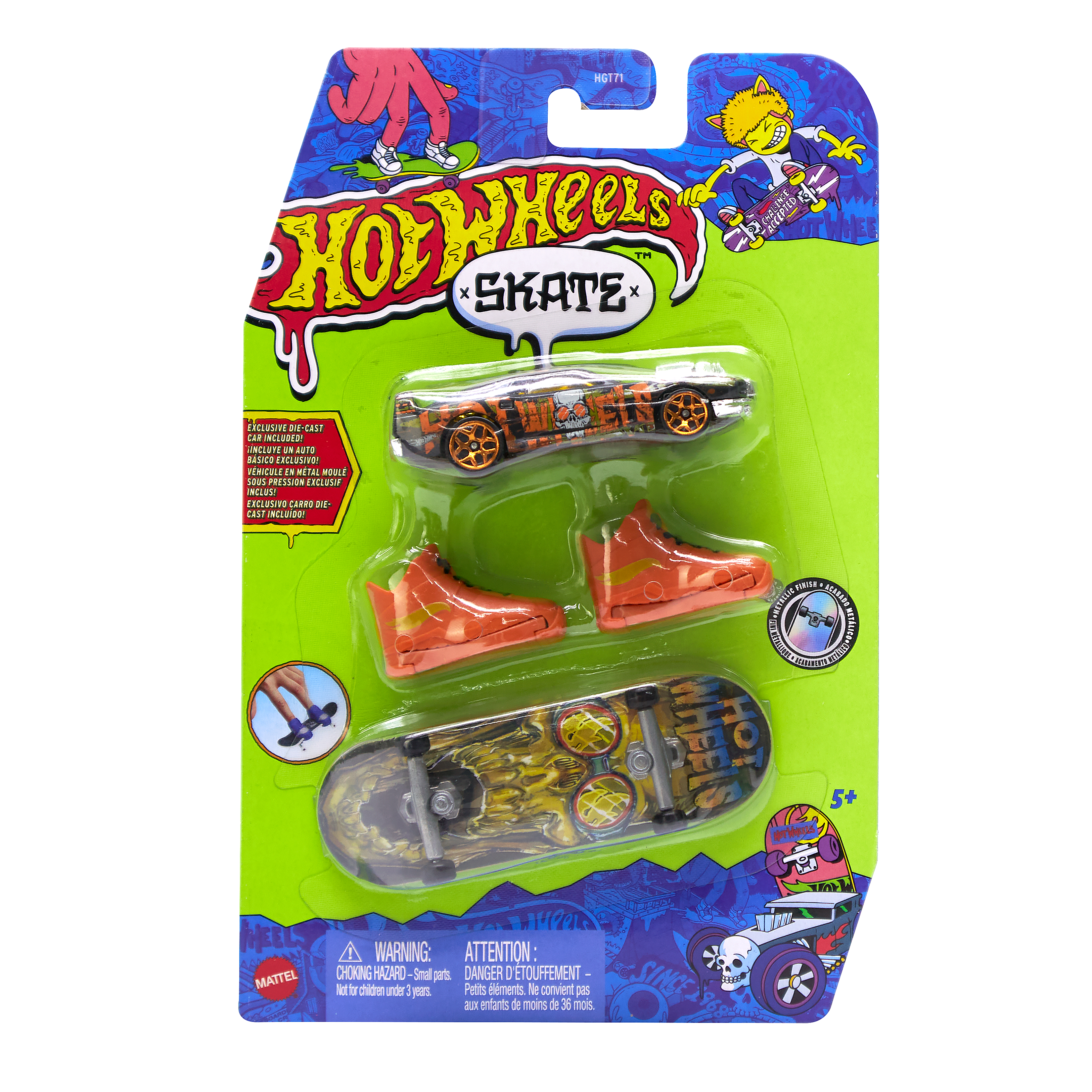 Ein Hot Wheels Skate Paket mit Auto, Schuhen und Skateboard, alles in Orange und Schwarz.