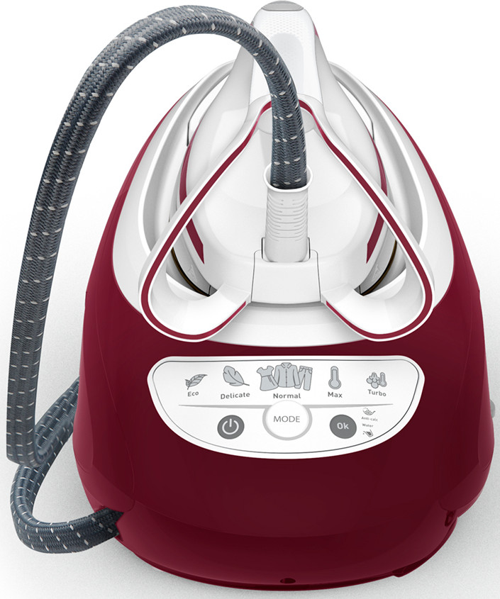 Un fer à repasser à vapeur rouge et blanc. Il dispose d'un écran avec des boutons pour différents réglages. Tuyau gris attaché.