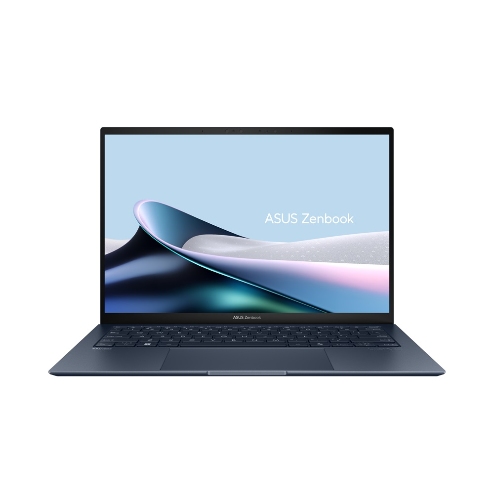 ASUS Zenbook etiketli mavi dizüstü bilgisayar, beyaz ve mavi ekran.