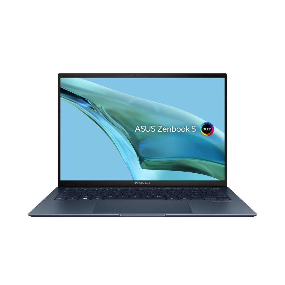 Siyah arka plan üzerinde koyu mavi dizüstü bilgisayar. Ekran mavi ve beyaz soyut bir görüntü gösteriyor.