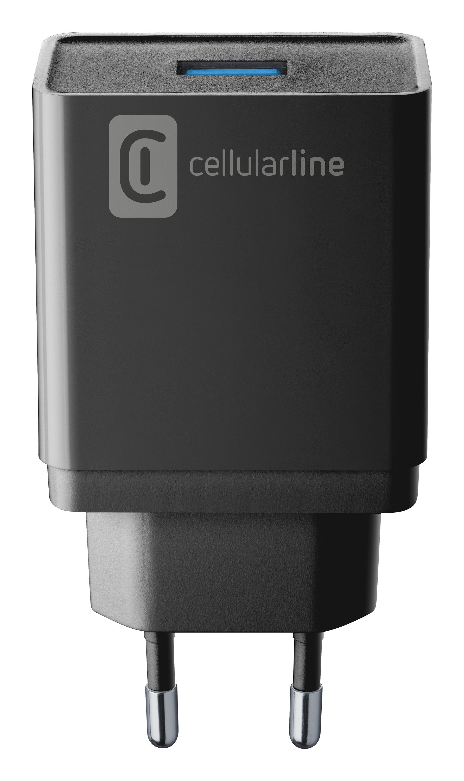 USB bağlantı noktasına sahip siyah bir Cellularline şarj cihazı. Marka logosu önde görülebilir.