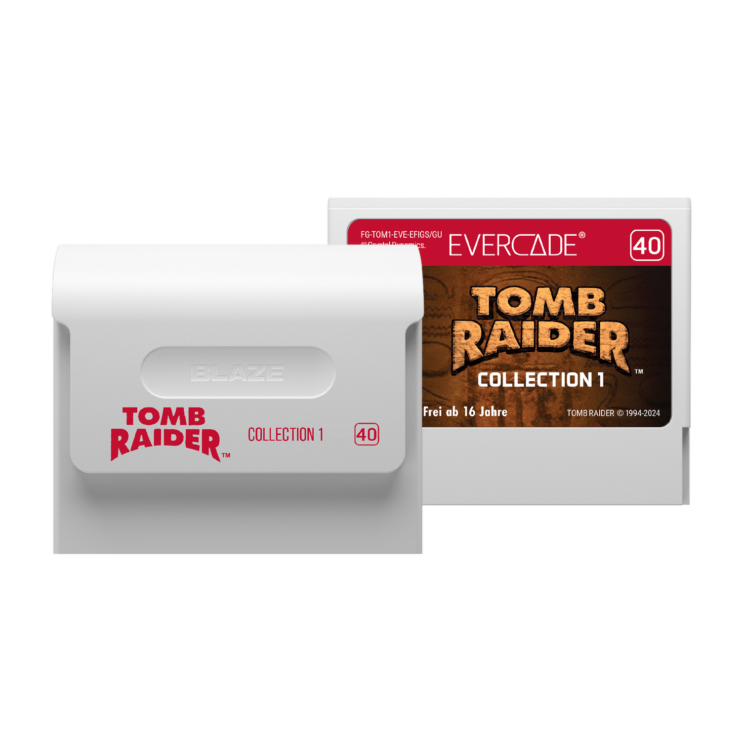 Zwei weiße Tomb Raider-Spielkassetten, eine in einer Hülle, mit roten und weißen Etiketten.