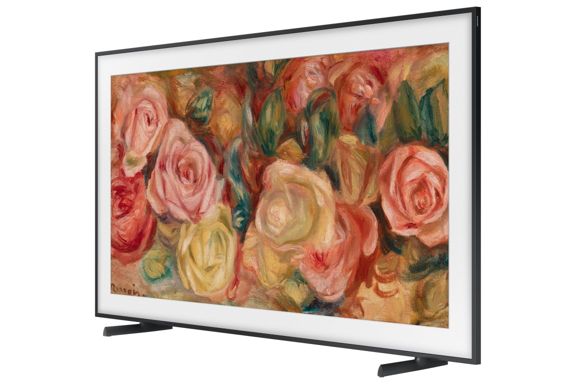 Beyaz duvara monte edilmiş, çiçek resimli bir Samsung Frame TV.