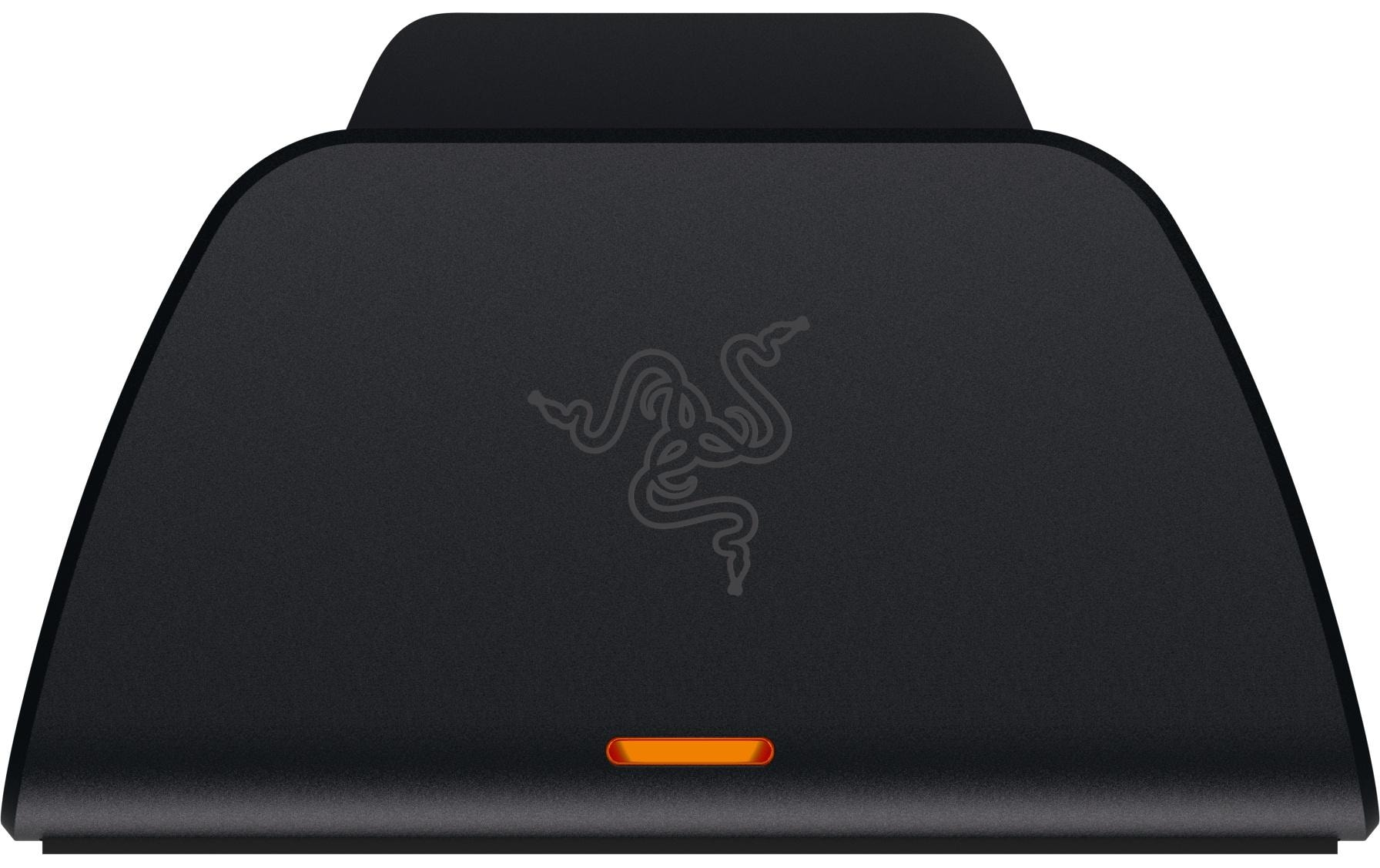 Appareil Razer noir avec bande orange illuminée et logo.