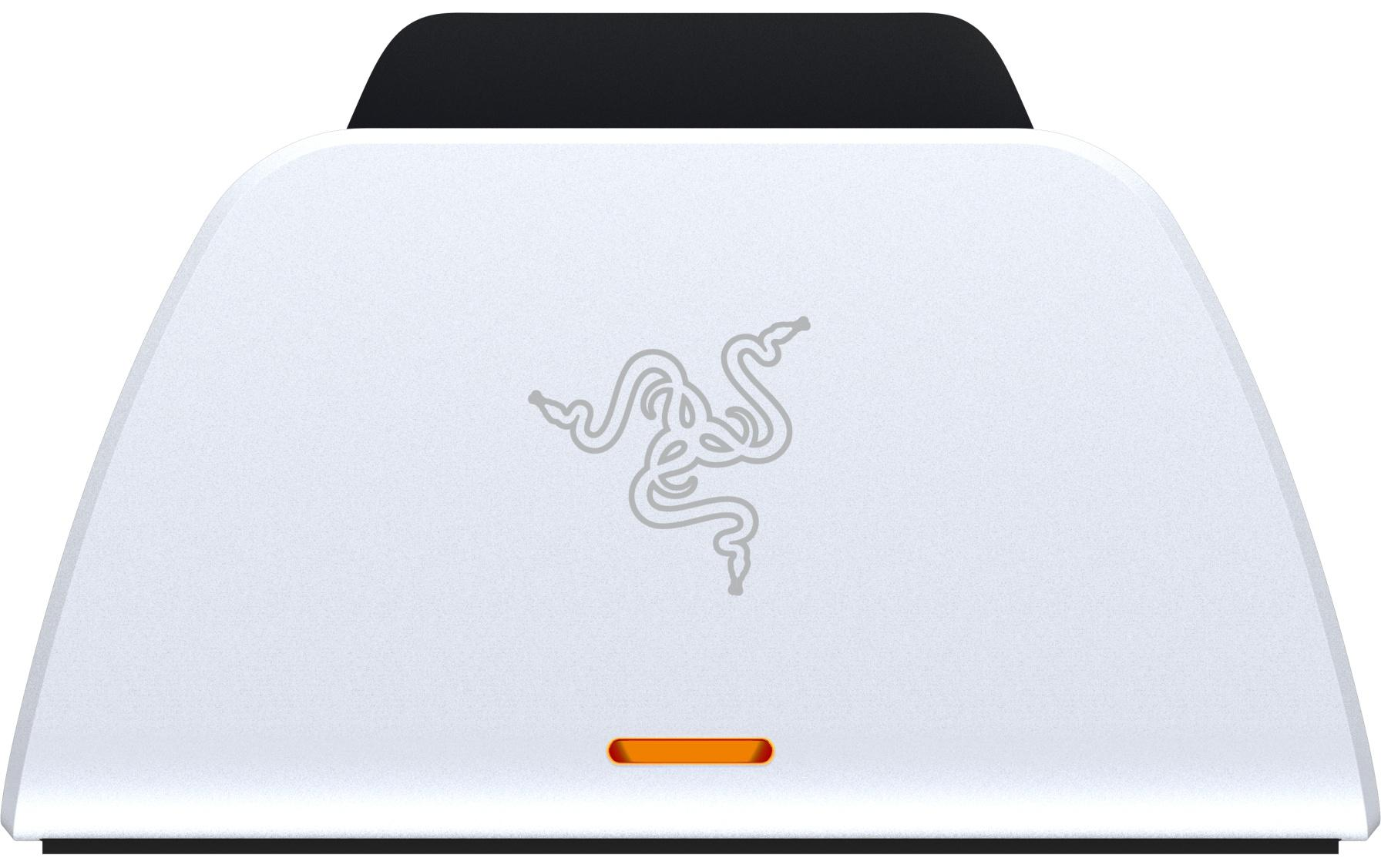 Un appareil blanc avec un logo gris et une barre lumineuse orange.