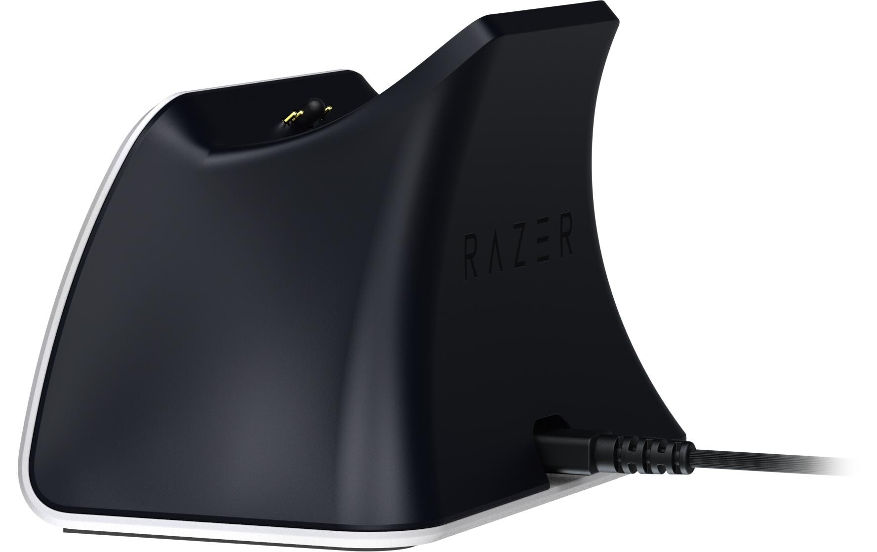 Station de charge Razer noire avec bordure argentée et câble attaché.