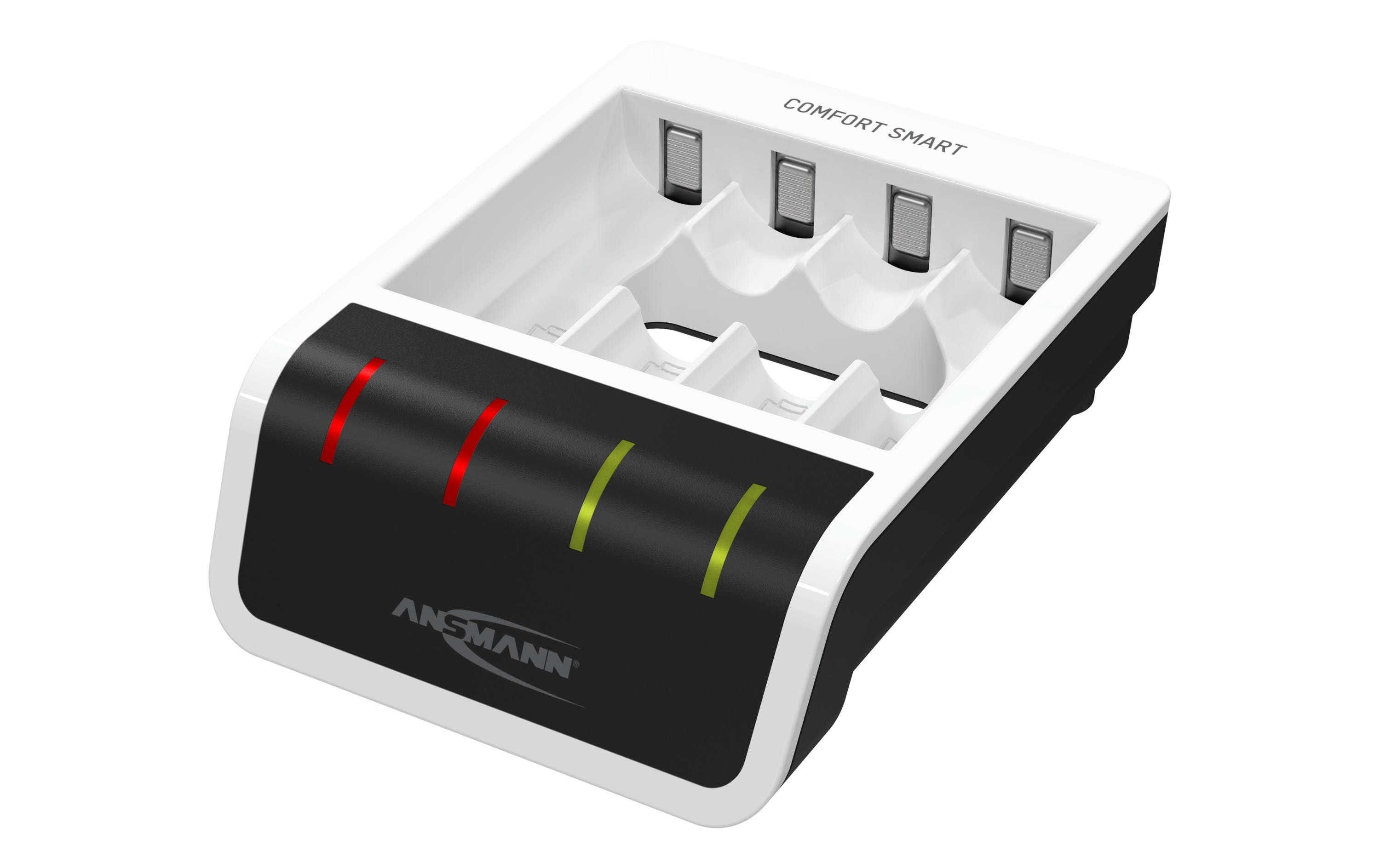 Weißes und schwarzes Batterieladegerät mit grünen und roten Lichtern auf weißem Grund.