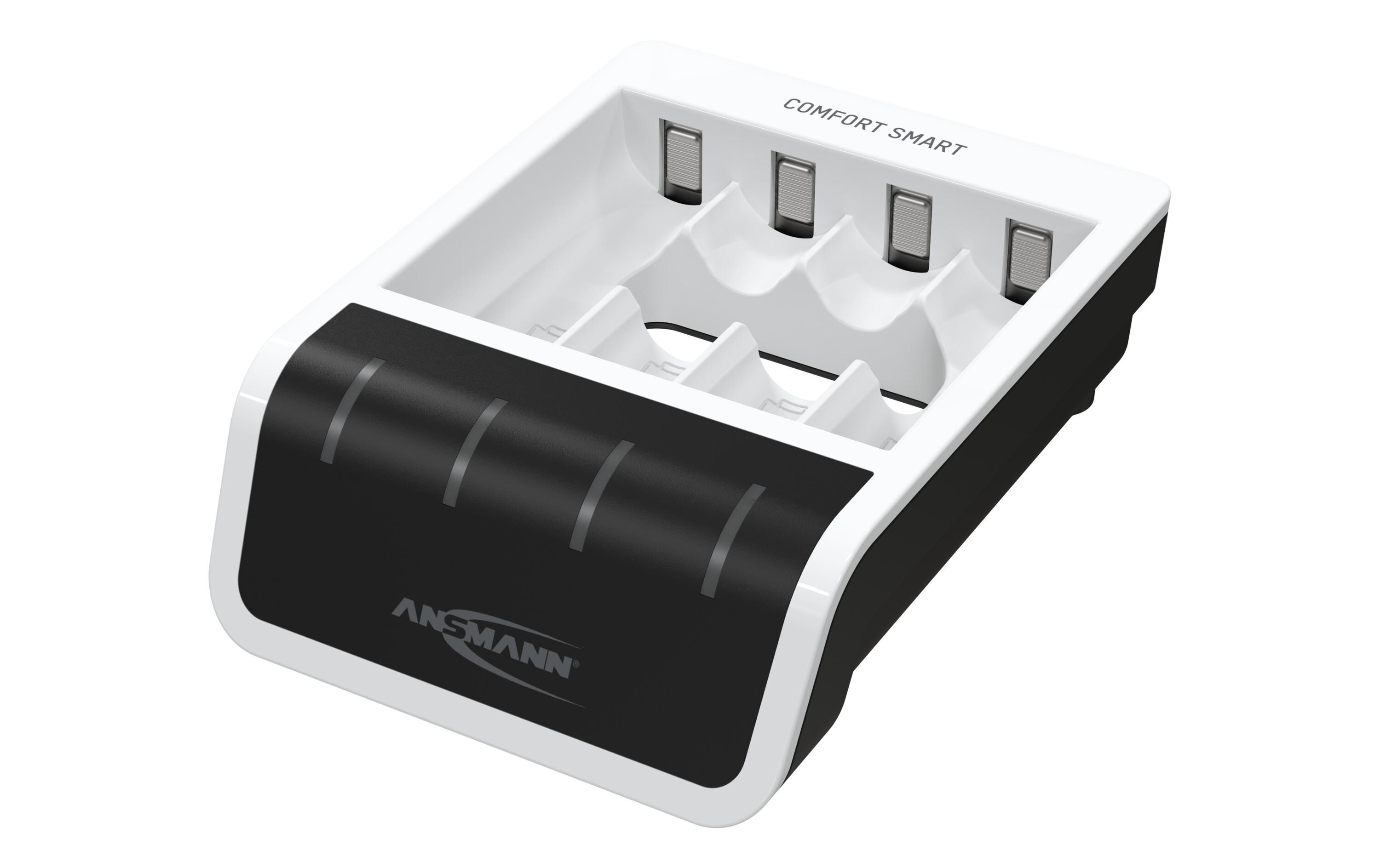 Weiß-schwarze Ladestation. Es hat vier Steckplätze für Batterien.
