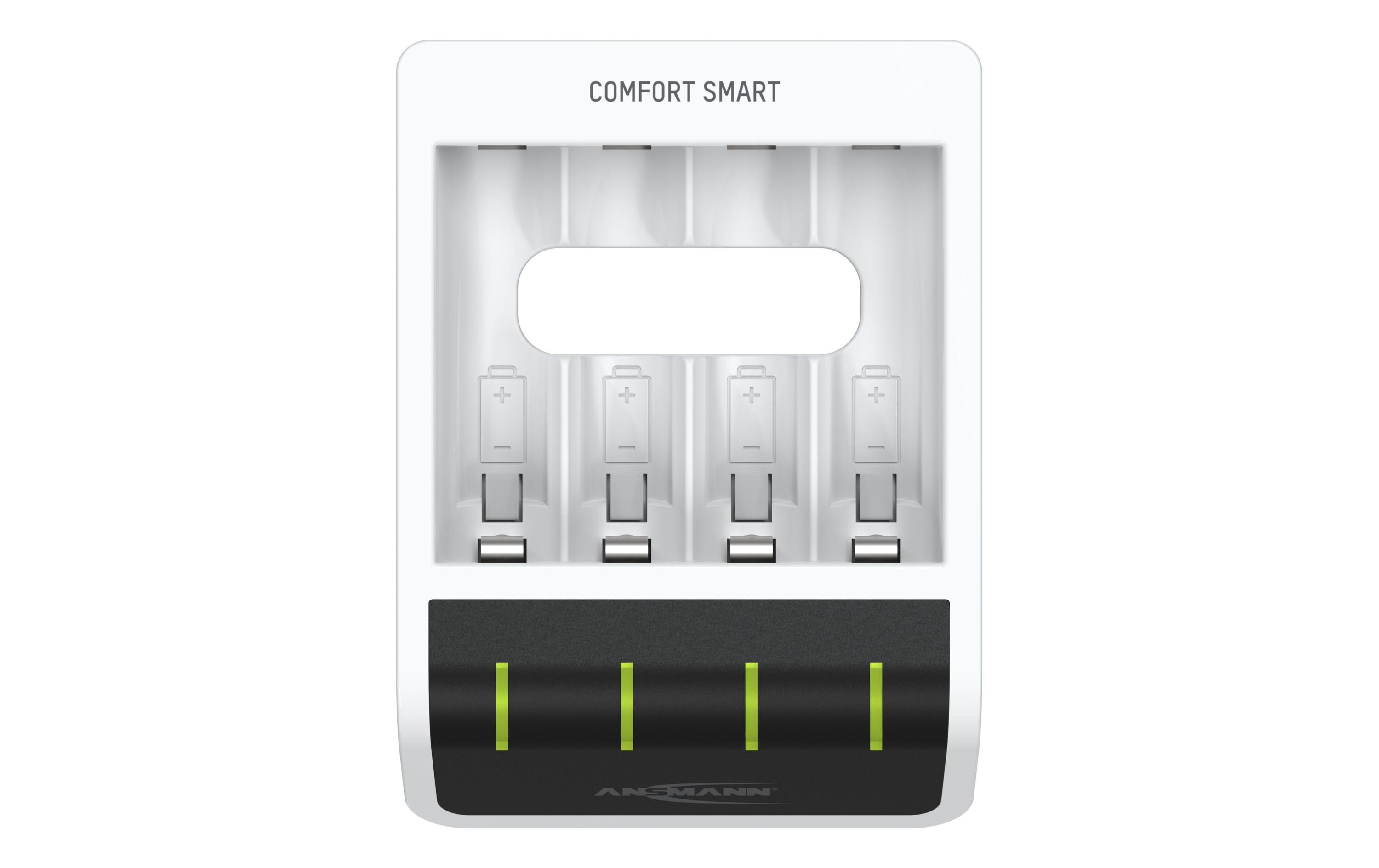 Ein weißes Ladegerät mit Schlitzen für Batterien. Es hat eine schwarze Basis mit grünen Lichtern.