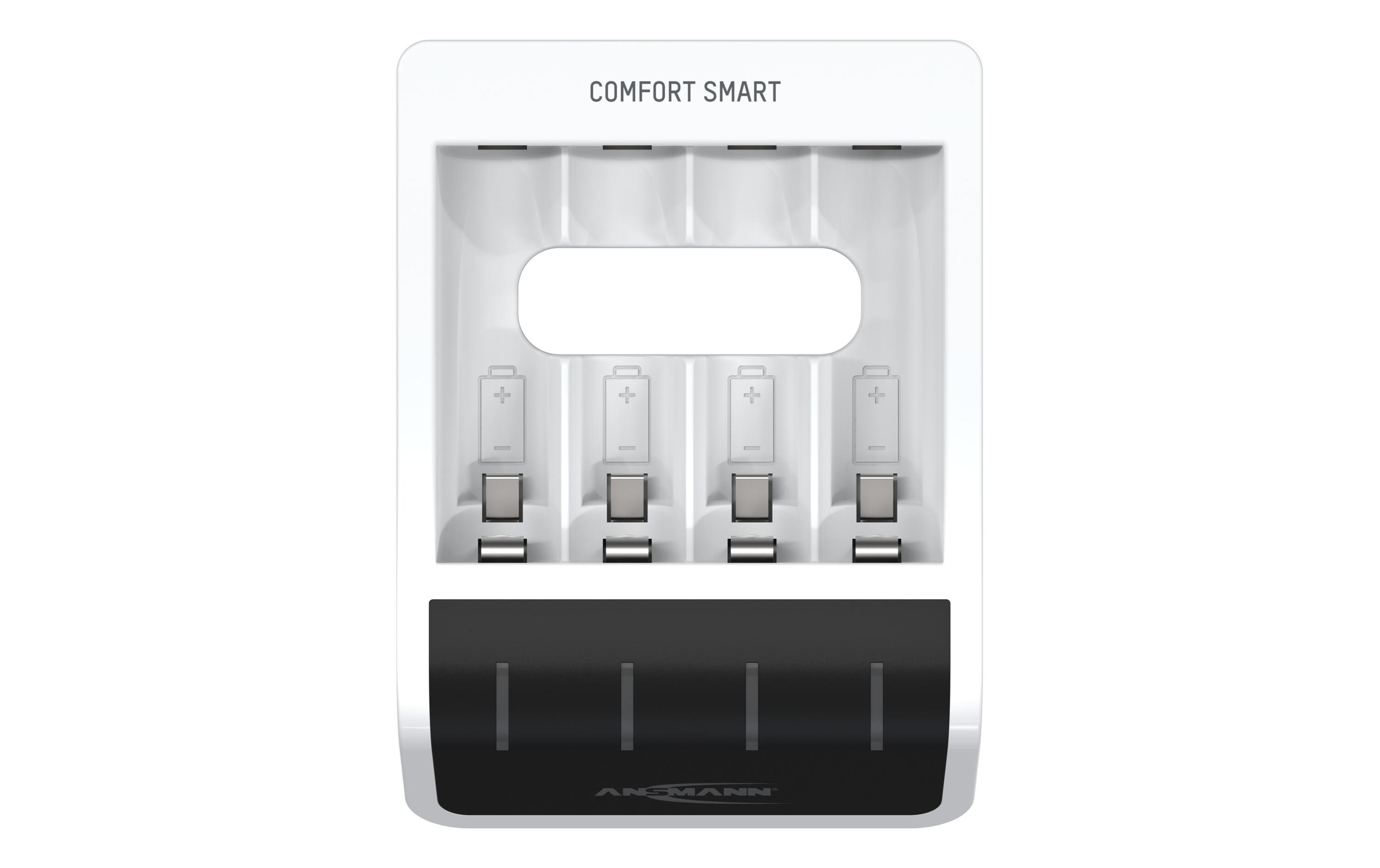 Comfort Smart Batterieladegerät, weiß und schwarz, weißer Hintergrund.