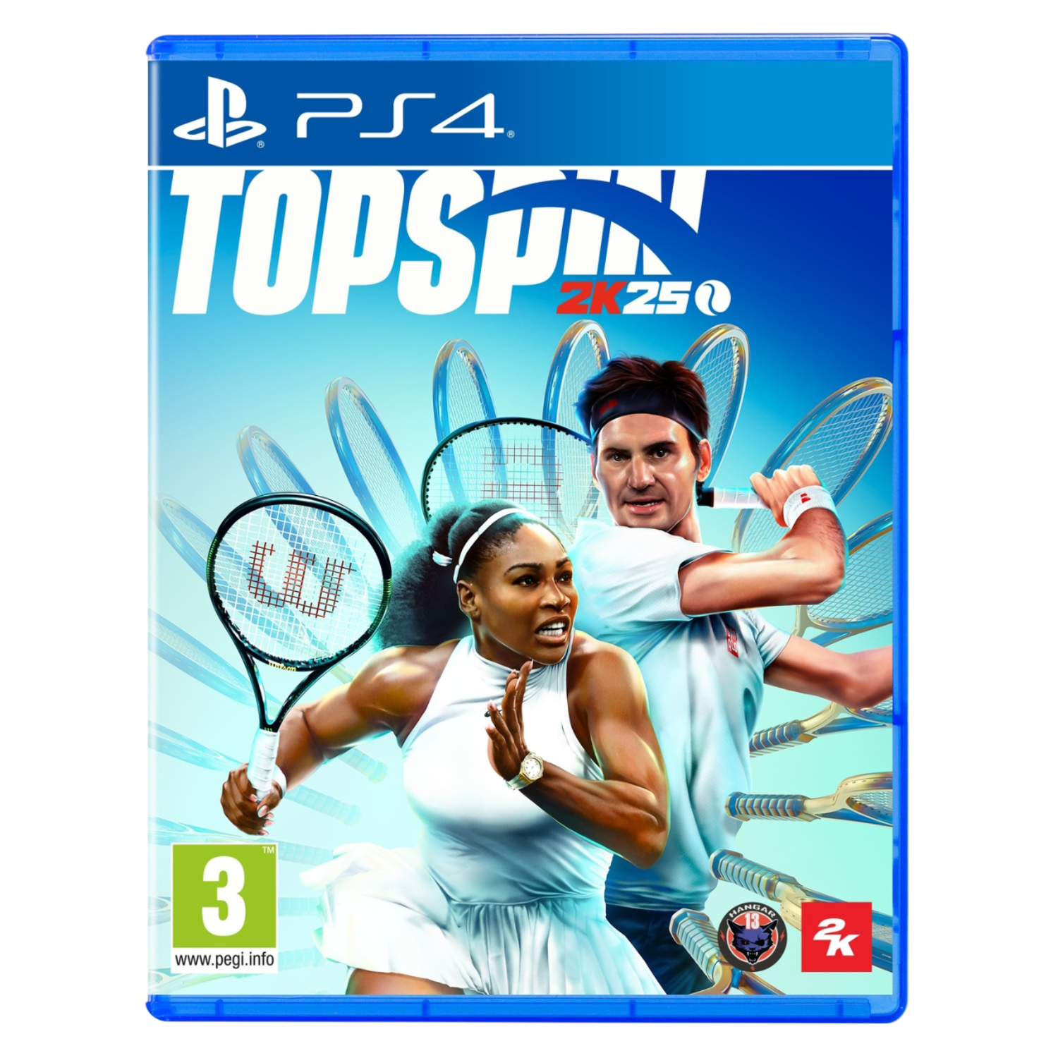 Boîte de jeu TopSpin 2K25 PS4 avec Serena Williams et Roger Federer jouant au tennis.