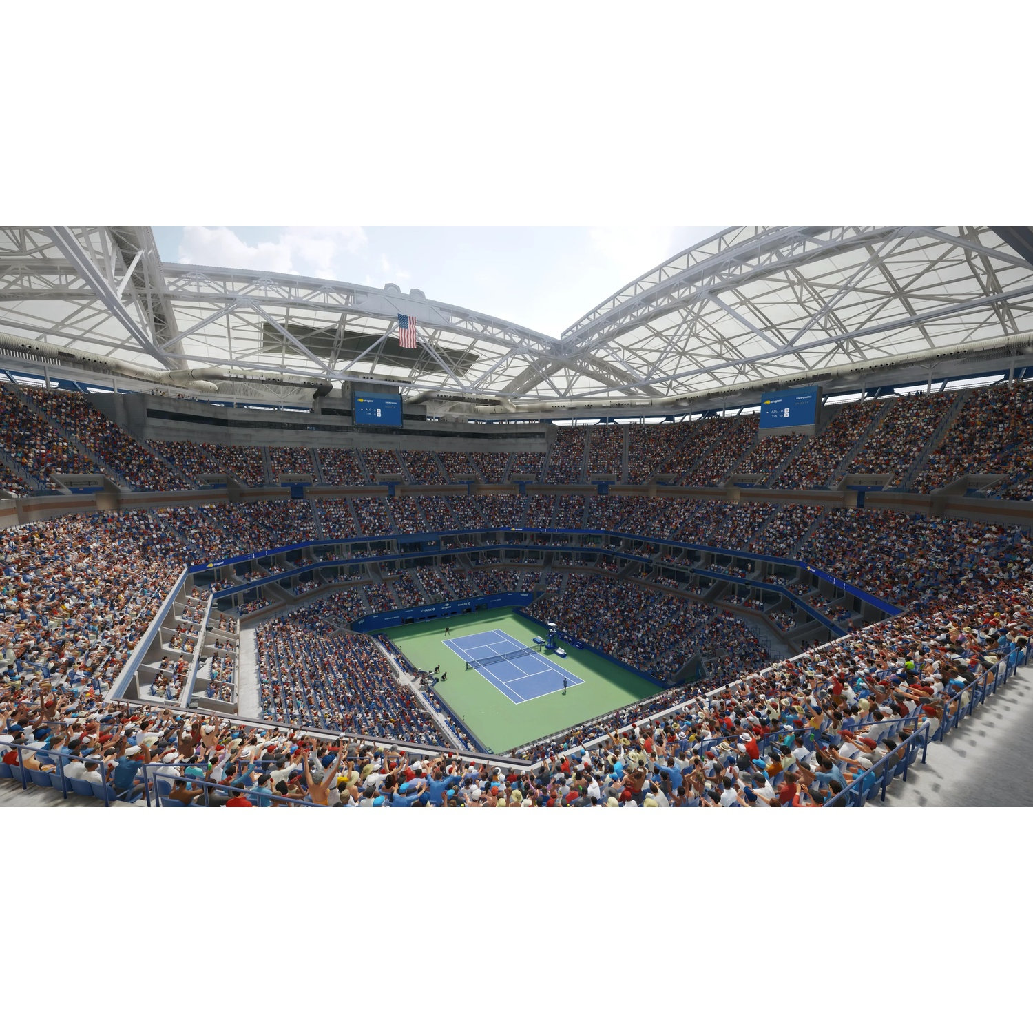 Stade de tennis avec spectateurs. Court bleu, journée ensoleillée.