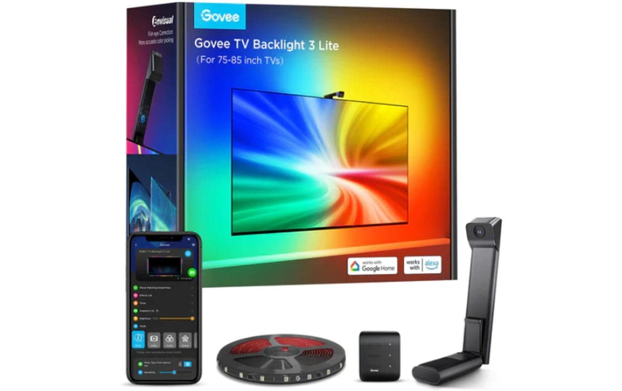 Govee TV-Hintergrundbeleuchtungs-Kit mit Box, Lichtleiste, Steuerbox, Kamera und Smartphone mit App.