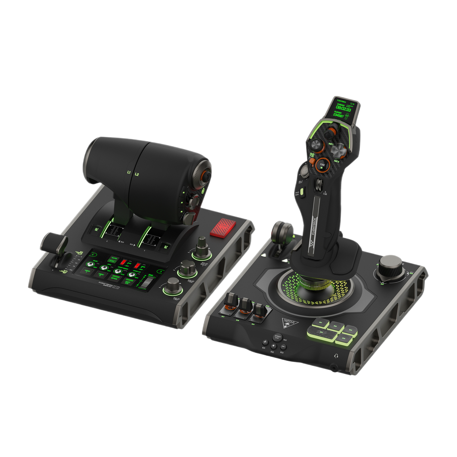 Gaming flight controller set, zwart en groen, twee eenheden, knoppen en joysticks.