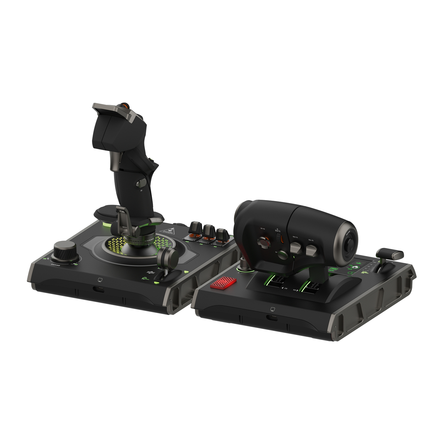 Twee zwarte flight simulator controllers. Eén is een joystick, de ander een gashendel. Beide hebben lampjes.