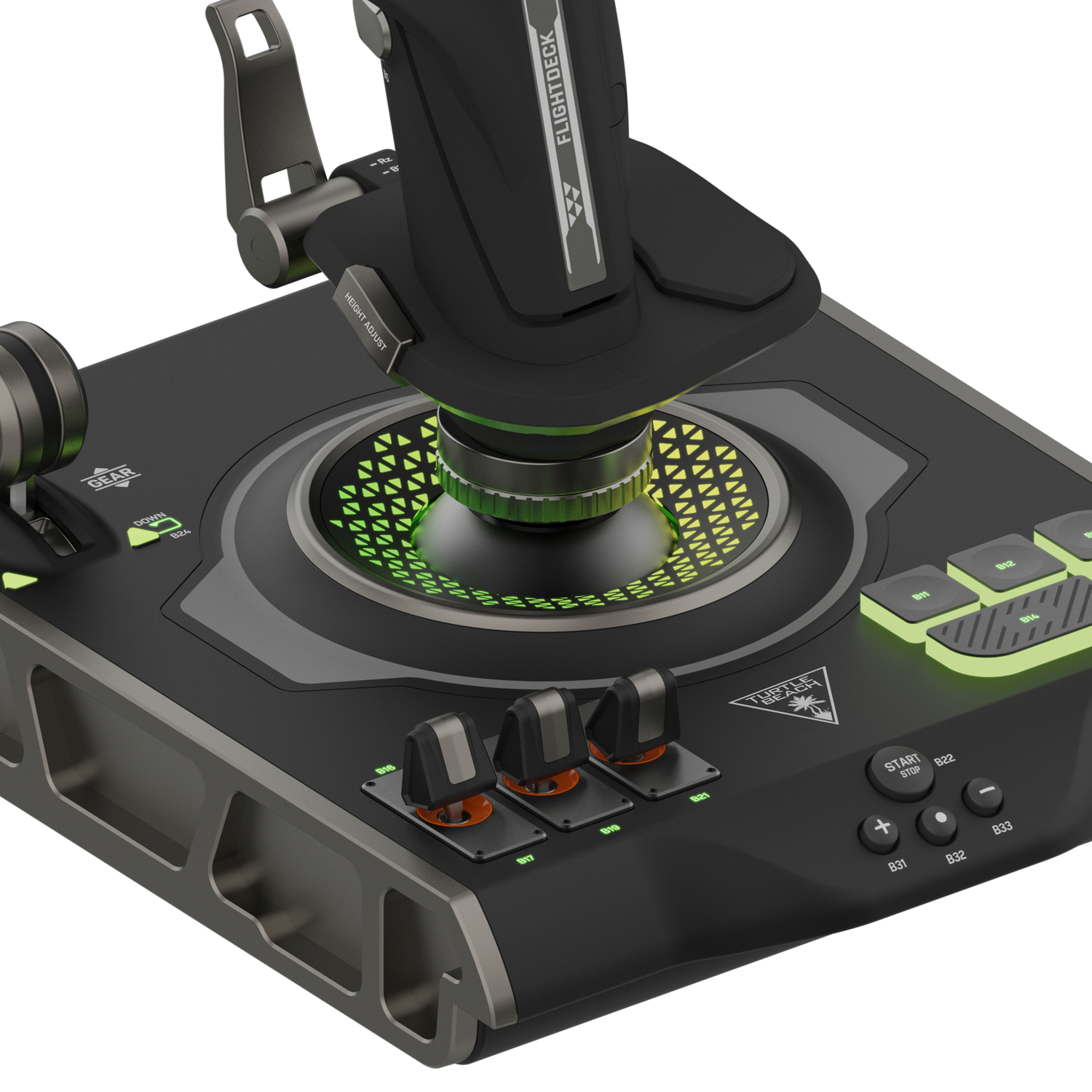 Gaming joystick met meerdere knoppen en draaiknoppen. Het heeft een zwart en groen kleurenschema.