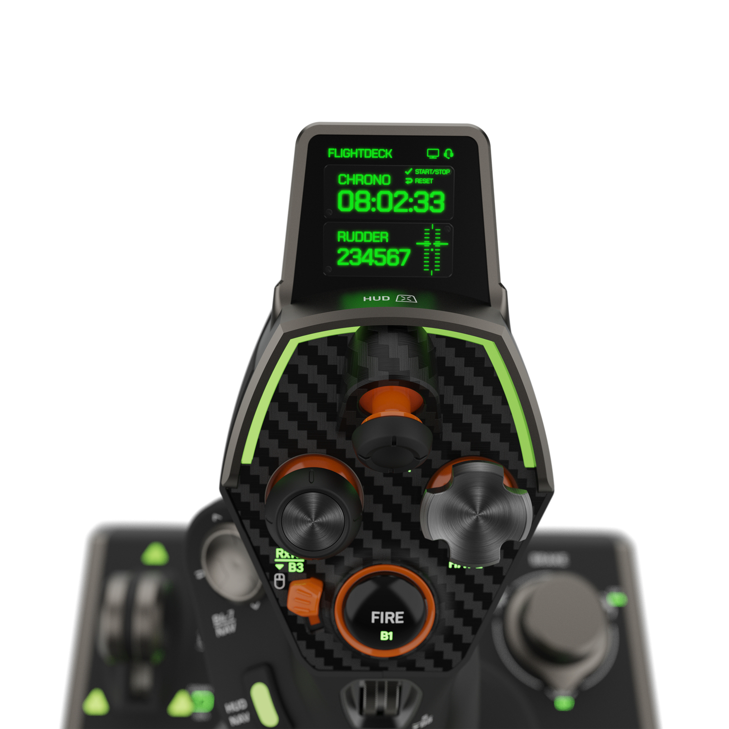 Zwart en groen cockpit-simulator bedieningspaneel met knoppen en scherm, witte achtergrond.