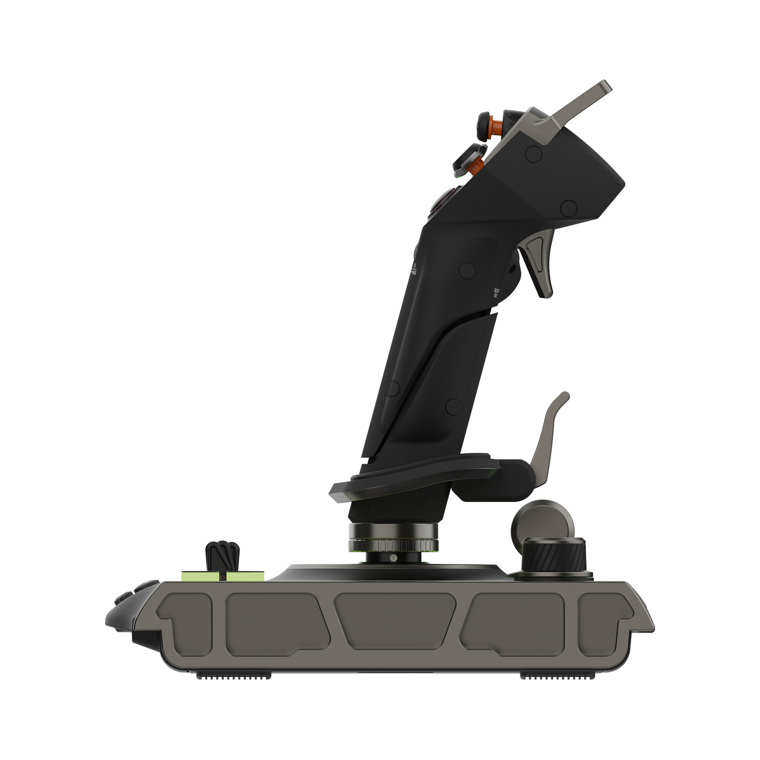 Een zwarte flight stick met diverse knoppen en een bedieningsbasis.
