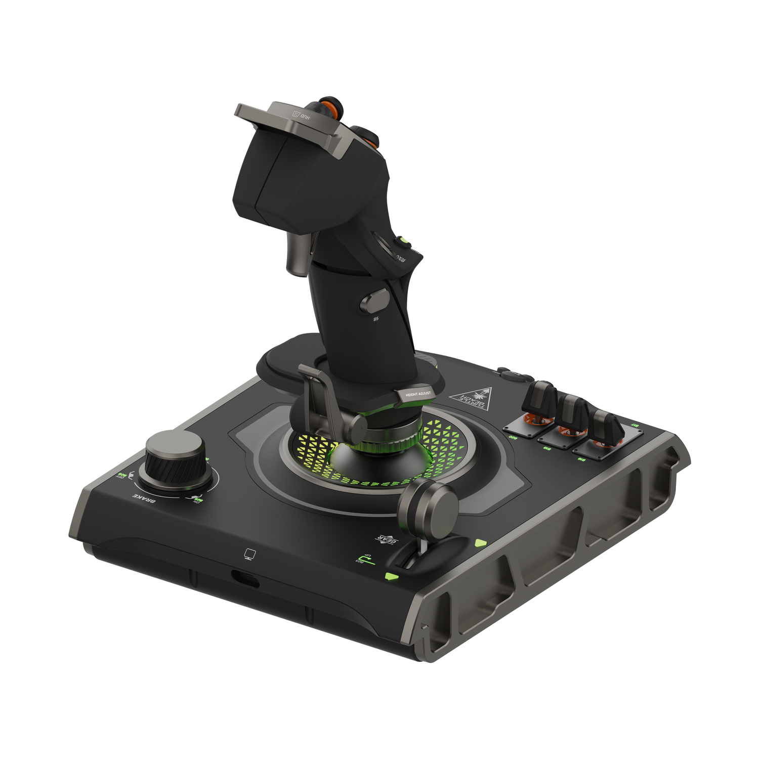 Een zwarte joystick met een grijze basis, met verschillende knoppen en draaiknoppen, en een groen verlichte ring.