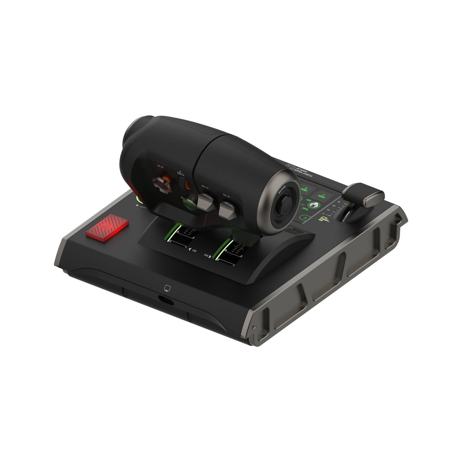 Zwart en grijs vluchtsimulator bedieningspaneel. Rode knop en groene lichten.