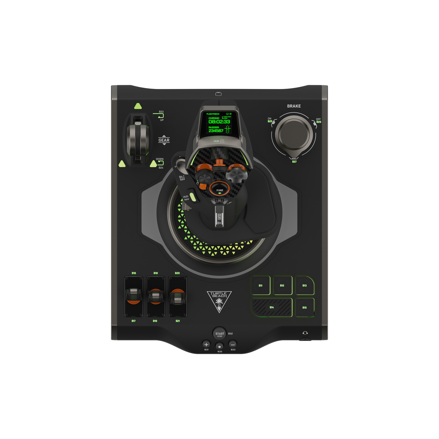 Een zwart bedieningspaneel voor een vluchtsimulator met diverse knoppen, draaiknoppen en een centrale joystick.