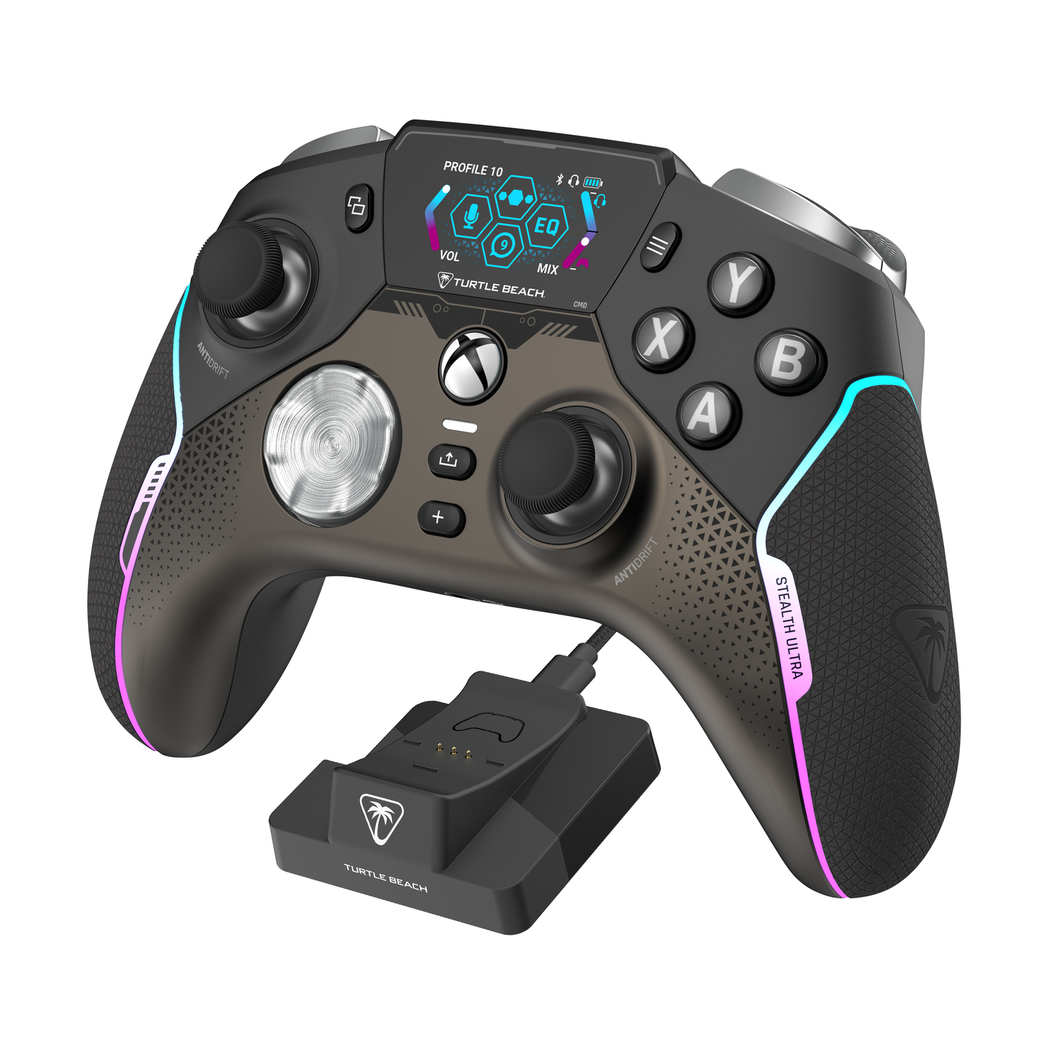 Black and gray game controller with charging dock, with colorful buttons.