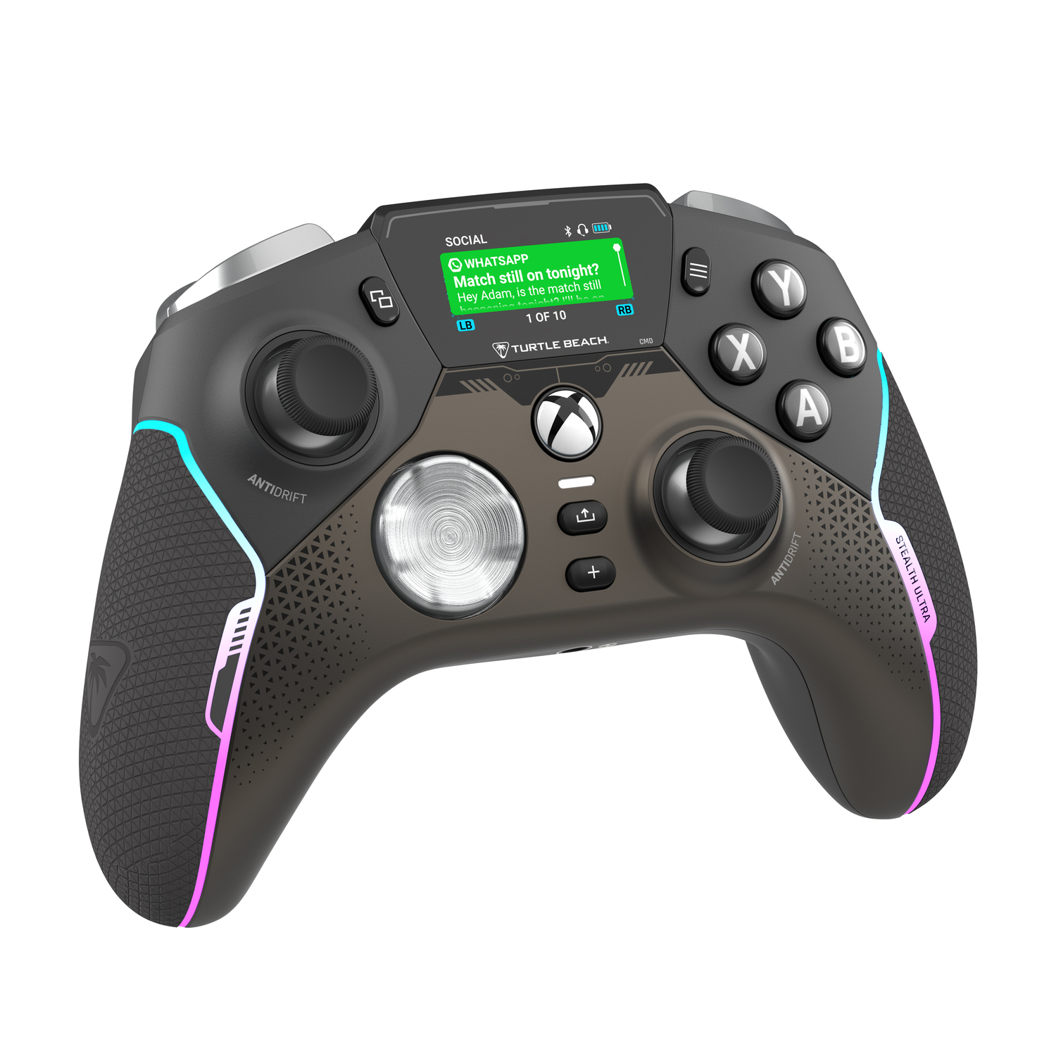 Black and gray game controller with multiple buttons and a small screen. White background.