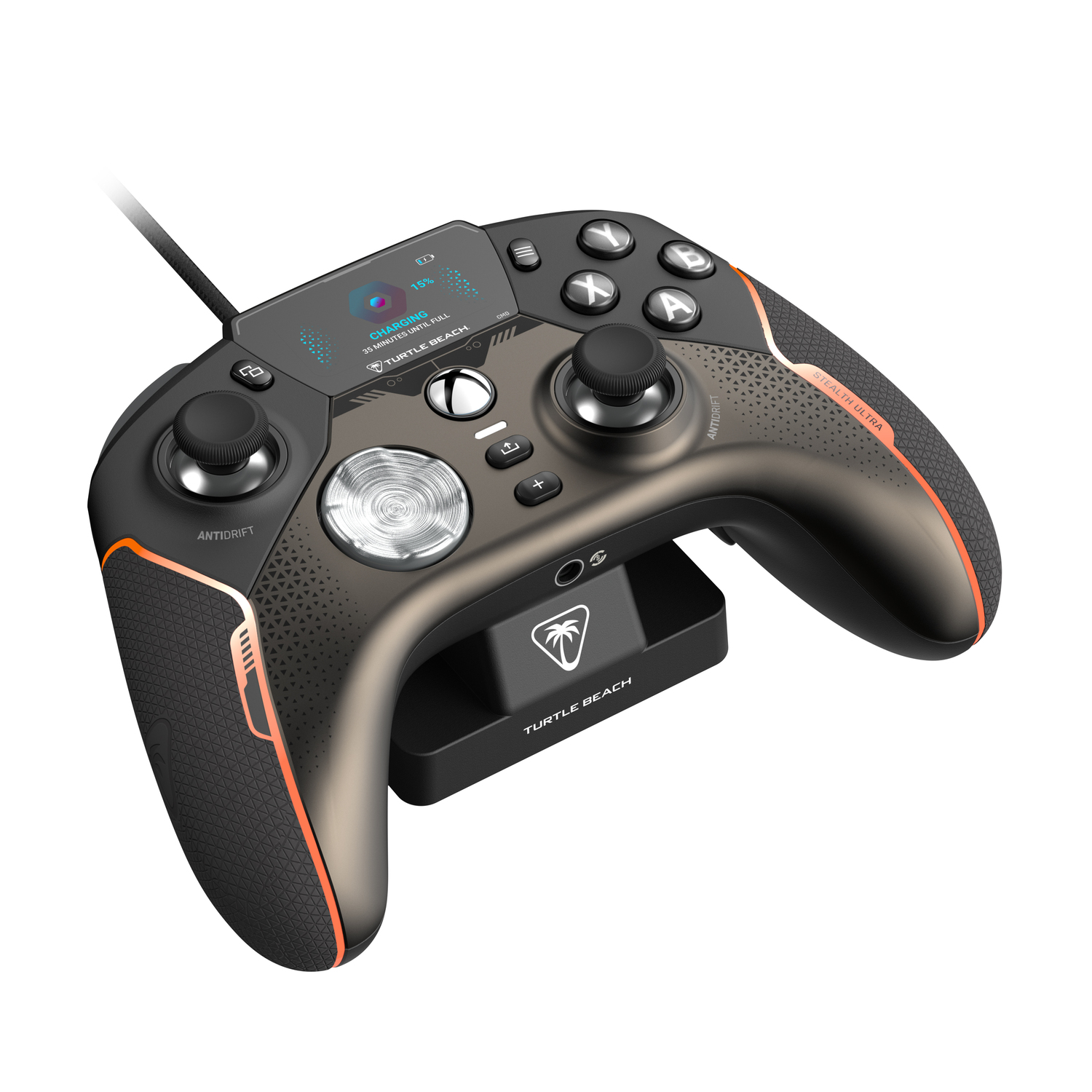 Black and gray game controller on charging base, with screen and orange details.