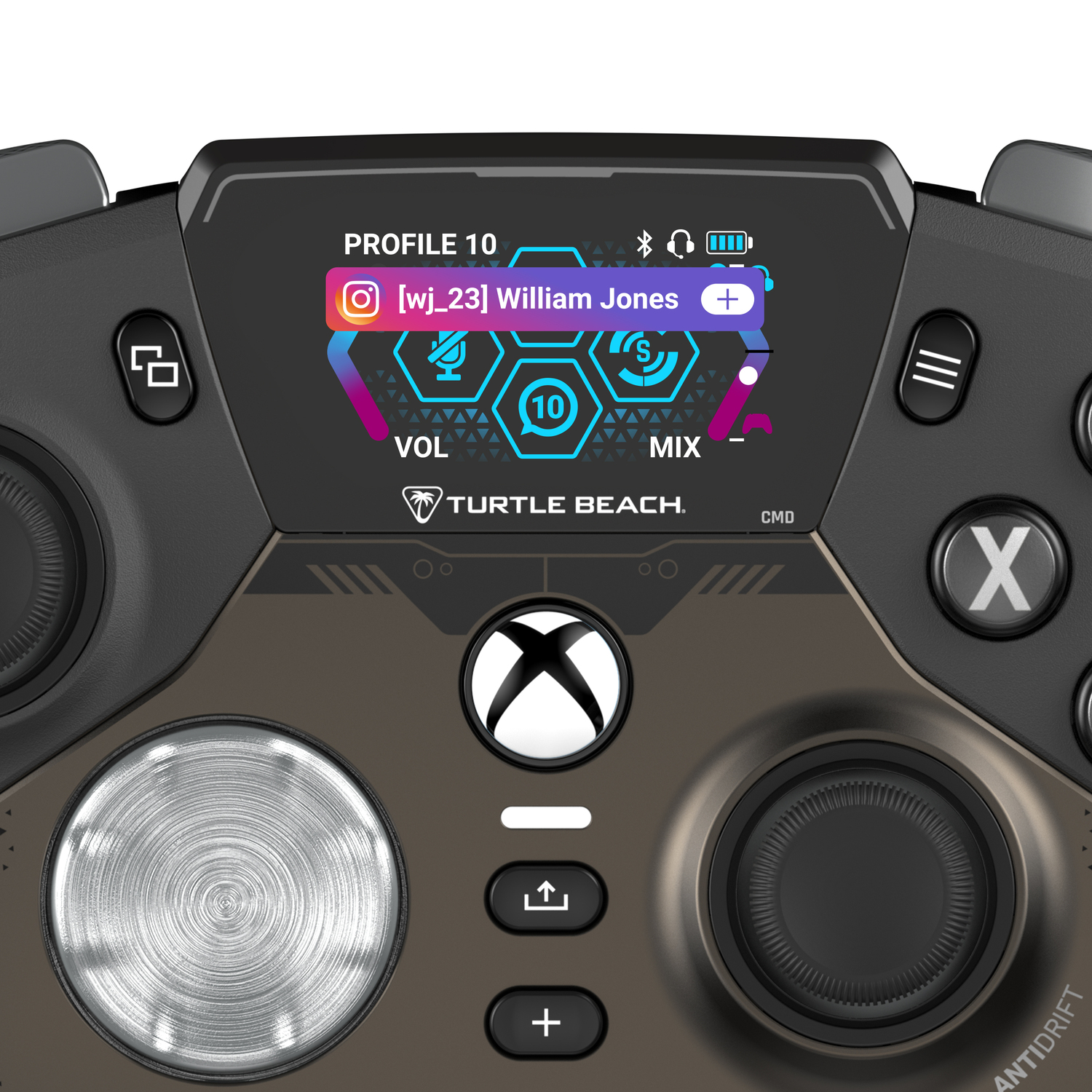 Black and brown gaming controller with a screen. Shows profile info and game settings. Turtle Beach brand.